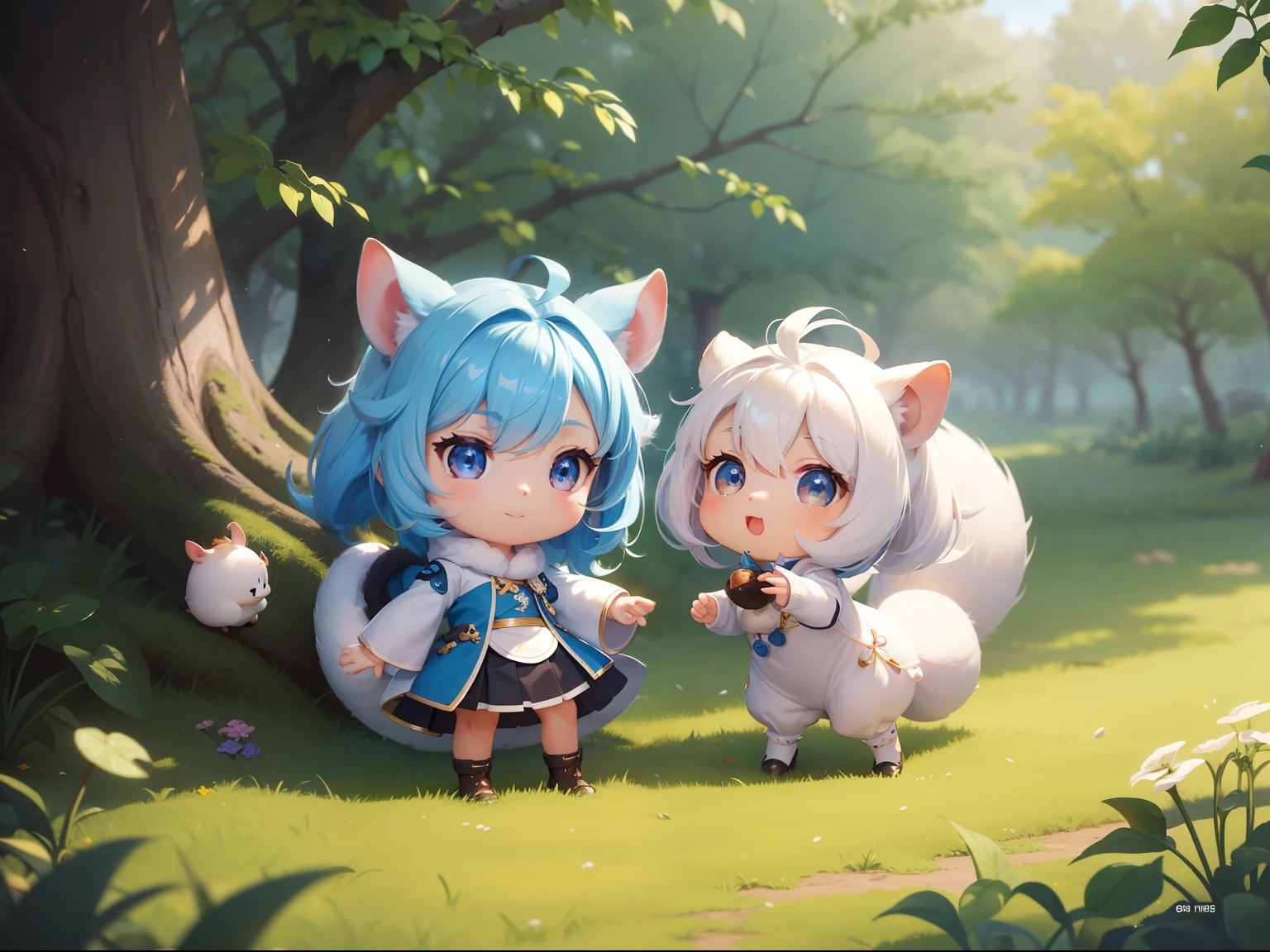 There is a small white squirrel with an acorn in his hand,  Chibichara　A cute girl with blue hair is also with me。It is a cute costume in white and blue。Dark eyes。cute forest creature, Cute mushrooms also grow、Adorable Digital Painting, cute detailed digital art, the squirrel king, Cute digital art, cute cartoon characters, cute character, CuteCreatures, Cutie, official illustrations, Official art, squirrel, maplestory mouse, astri lohne,  cute 3d render