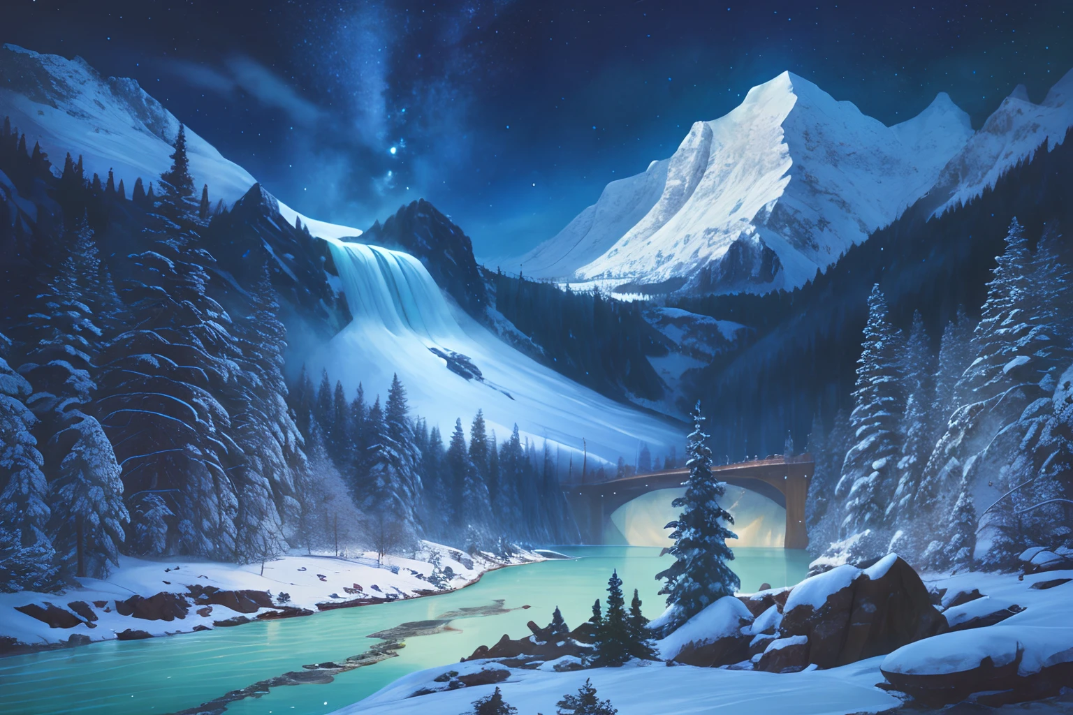mezzotint with gouache, snow mountain, forest, lake with river with waterfall, winter night, majestic and terrifying landscape of nature, masterpiece of perfection.
