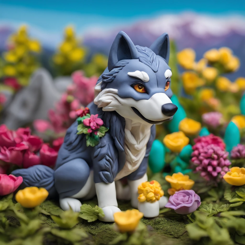 professional photos of a wolf among flowers, mountains in background :: highly detailed,shot on Hasselblad X1D-50c,ISO 100 --ar 3:2 --q 2 --v 4 -