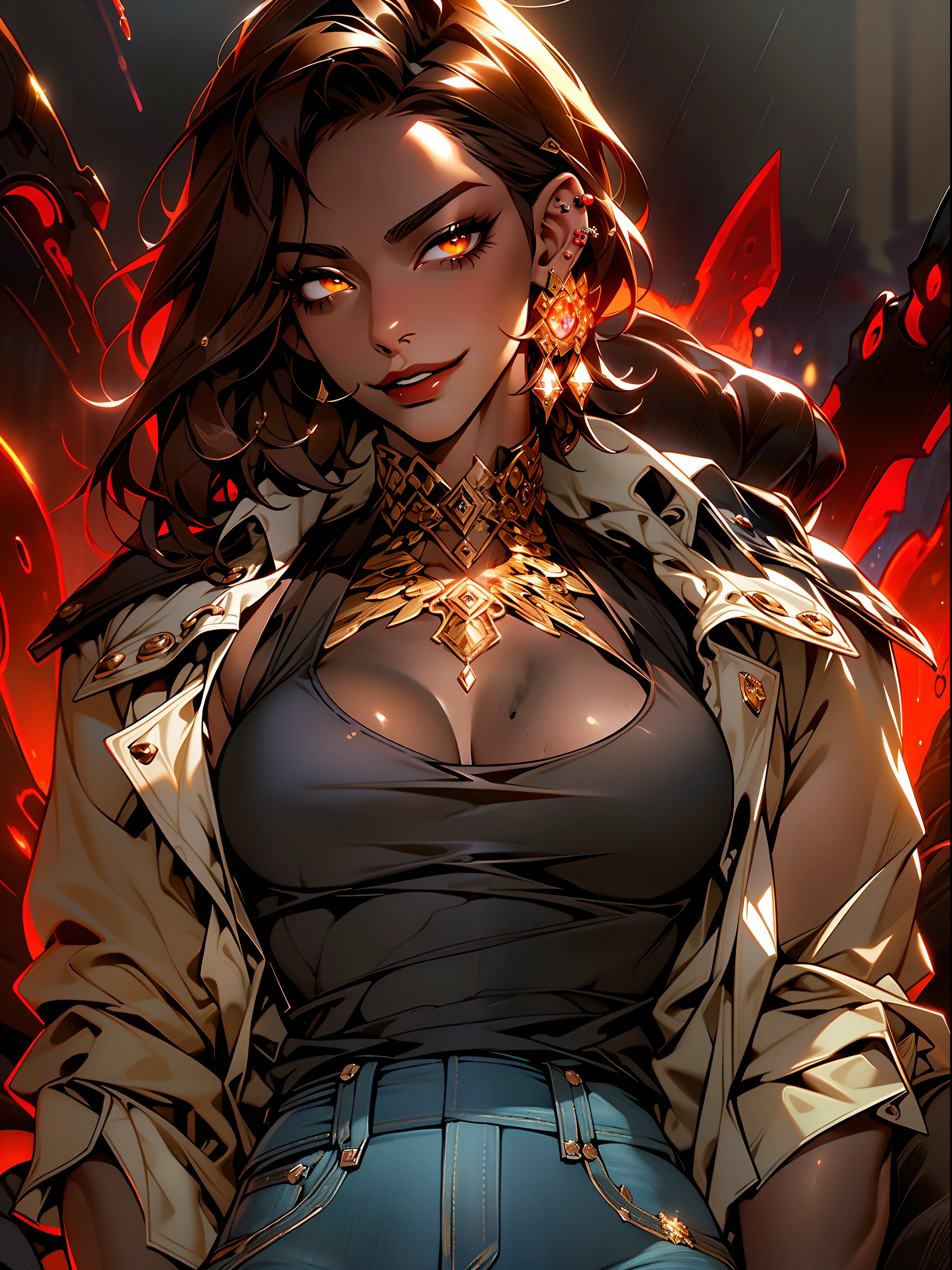 (masterpiece,HD,uhd,detailed face,dark skin female,perfect face,yellow glowing eyes, intricate details,smirk, detailed eyes,detailed retina, arms crossed,raining background,rainy season,raindrops), best quality,smirk,dark skin,toned abs,jacket and tank top,jeans,ear piercings,navel piercings,short pixie cut,brown hair, red lips, parted lips, mature female, bad-girl,dark skin female