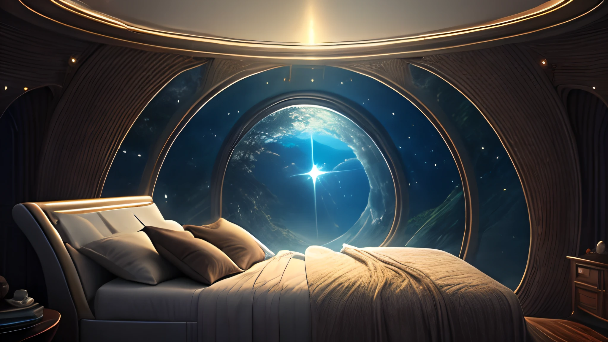 A conventional bed in a fantastic world with beautiful alien nature, en el cielo se ven varias lunas, estrellas y galaxias, la imagen inspira paz y alegria