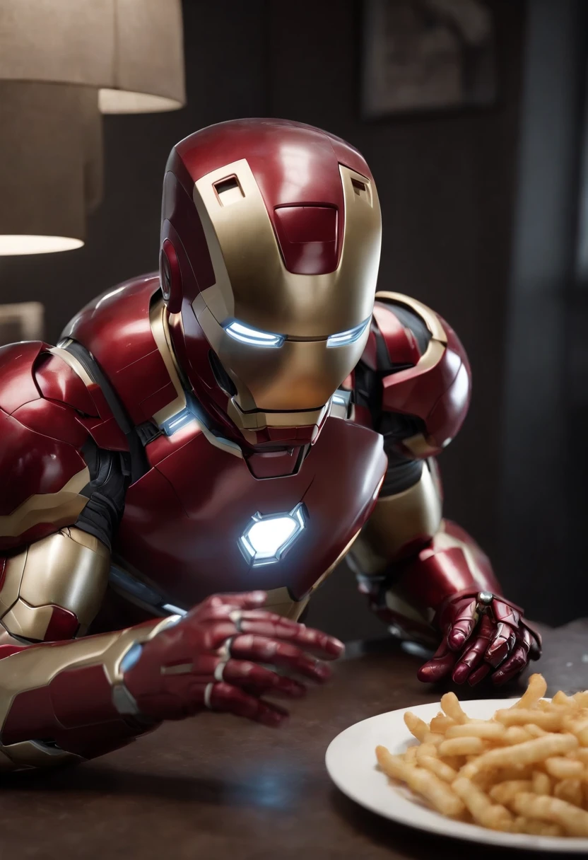 Marvel's somber half-length portrait of Iron Man behind a table with a plate of salchichas en trozos acompañado de papas fritas, with intricate angular cybernetic implants within a futuristic kitchen, cyberpunk, Foto premiada, Neon lights, cybernetic limb, obra maestra, UHD, 32K, ultrarrealista, HQ 4K, Renderizado en Unreal Engine 4K HQ, Renderizado en Unreal Engine 4K HQ, Arte conceptual 4K e hiperrealismo, Renderizado 4K detallado, Ironman, ArtStation 4K, Renderizado 4K de alto detalle, Tendencias 4K en la sede de ArtStation, Extremadamente fotorrealista