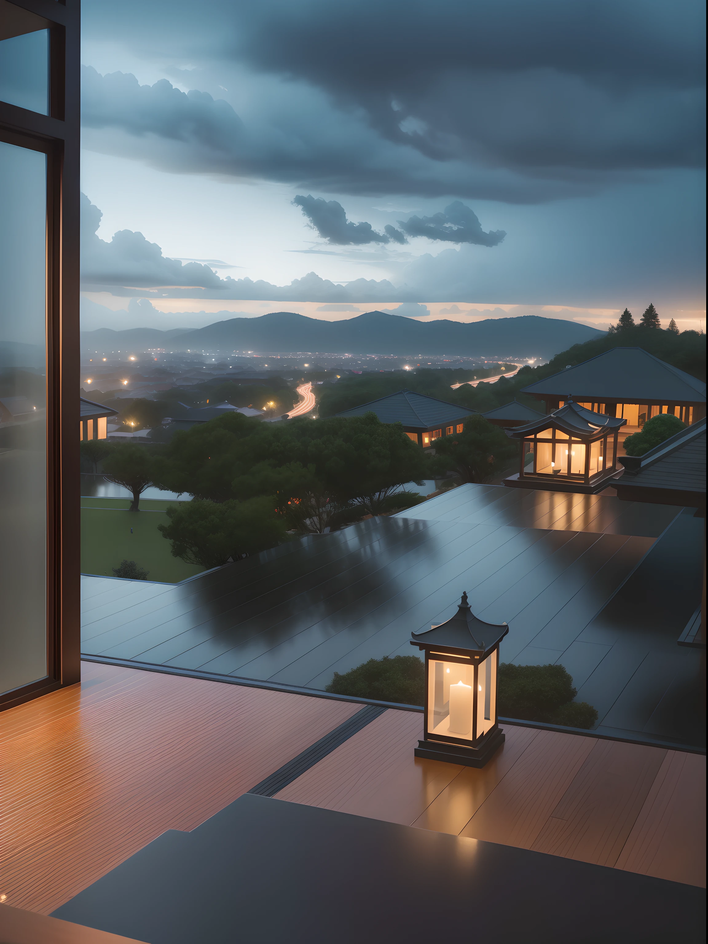 Rainy sky,dark stormy clouds,Hilltop pavilions,Close-up,floor to ceiling window,sofe,Beautiful artistic conception,rich details,Award-winning photography,High-density imaging,depth of fields,tmasterpiece,Best quality at best,16k wallpaper