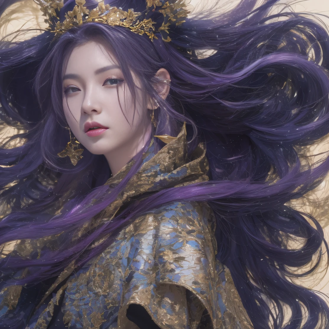 Agate glass texture 32K(tmasterpiece,k hd,hyper HD,32K)Long flowing bright purple hair,Autumn Pond,zydink, a color, Asian people (Kizi), (Red scarf), Combat posture, looking at the ground, long whitr hair, Floating bright purple, Fire cloud pattern gold tiara, Chinese long-sleeved gold silk garment, (abstract ink splash:1.2), white backgrounid,Lotus protector(realisticlying:1.4),Bright purple hair,Smoke on the road,The background is pure, A high resolution, the detail, RAW photogr, Sharp Re, Nikon D850 Film Stock Photo by Jefferies Lee 4 Kodak Portra 400 Camera F1.6 shots, Rich colors, ultra-realistic vivid textures, Dramatic lighting, Unreal Engine Art Station Trend, cinestir 800,Long flowing bright purple hair