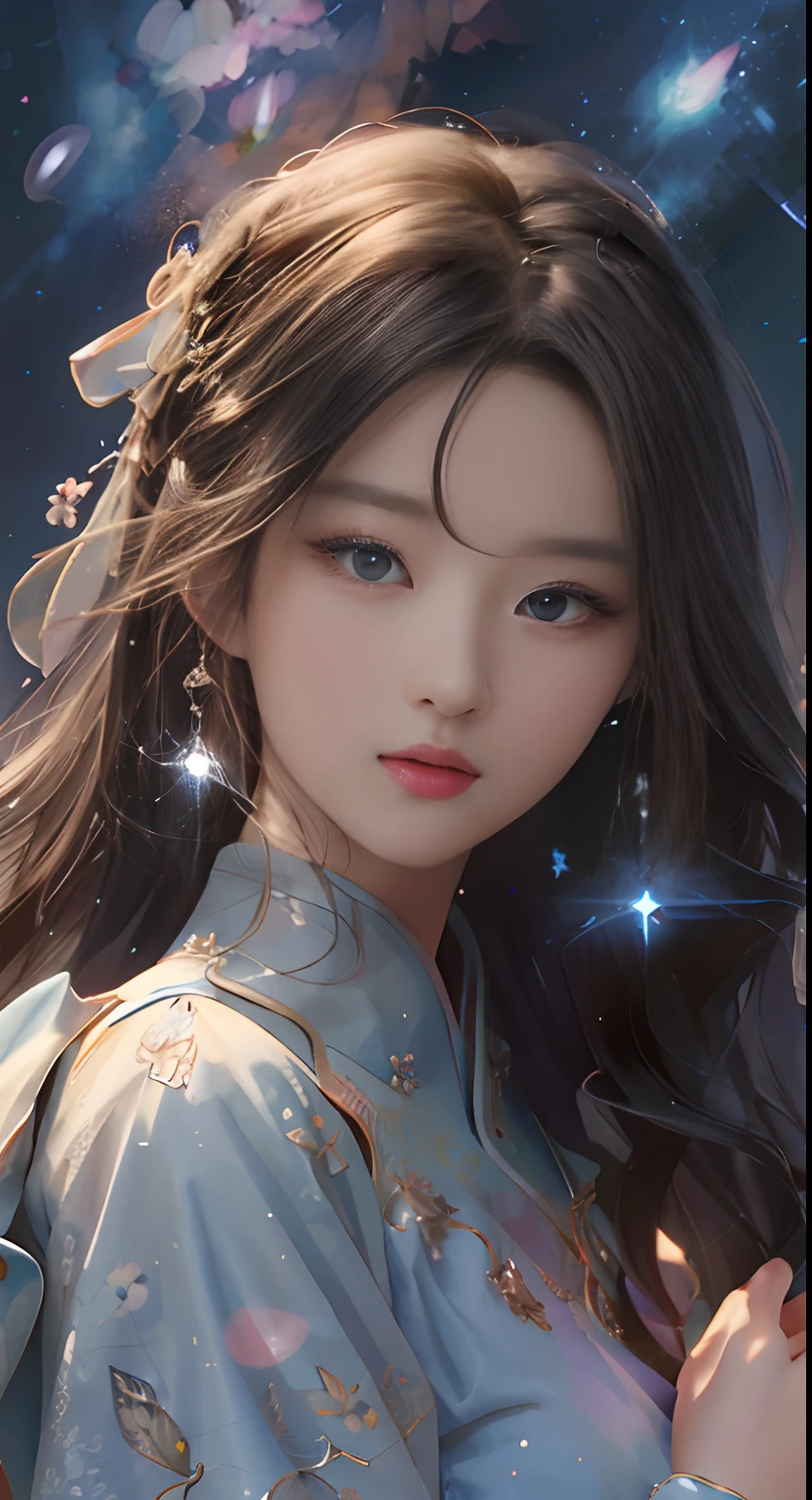 A close up of a woman with long hair and a blue dress - SeaArt AI