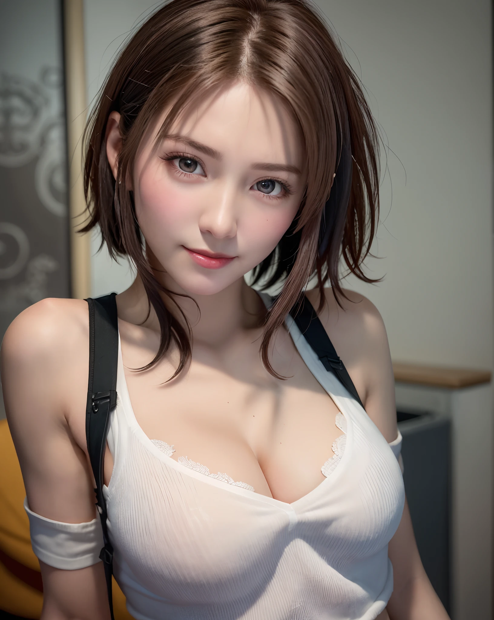 Best Quality, Ultra High Resolution, (Photorealistic: 1.4), Beautiful Eyes, Super Beautiful, Very Short Hair, Beautiful, Sweetheart, T-shirt with Rough Chest, Beautiful Soldier, Eyes That Invite Viewer, Lover's Perspective, Inviting Expression, Sexy Smile, Perfect Style, Perfect Balance, Detailed Skin, Naughty Gaze, Chest Visible