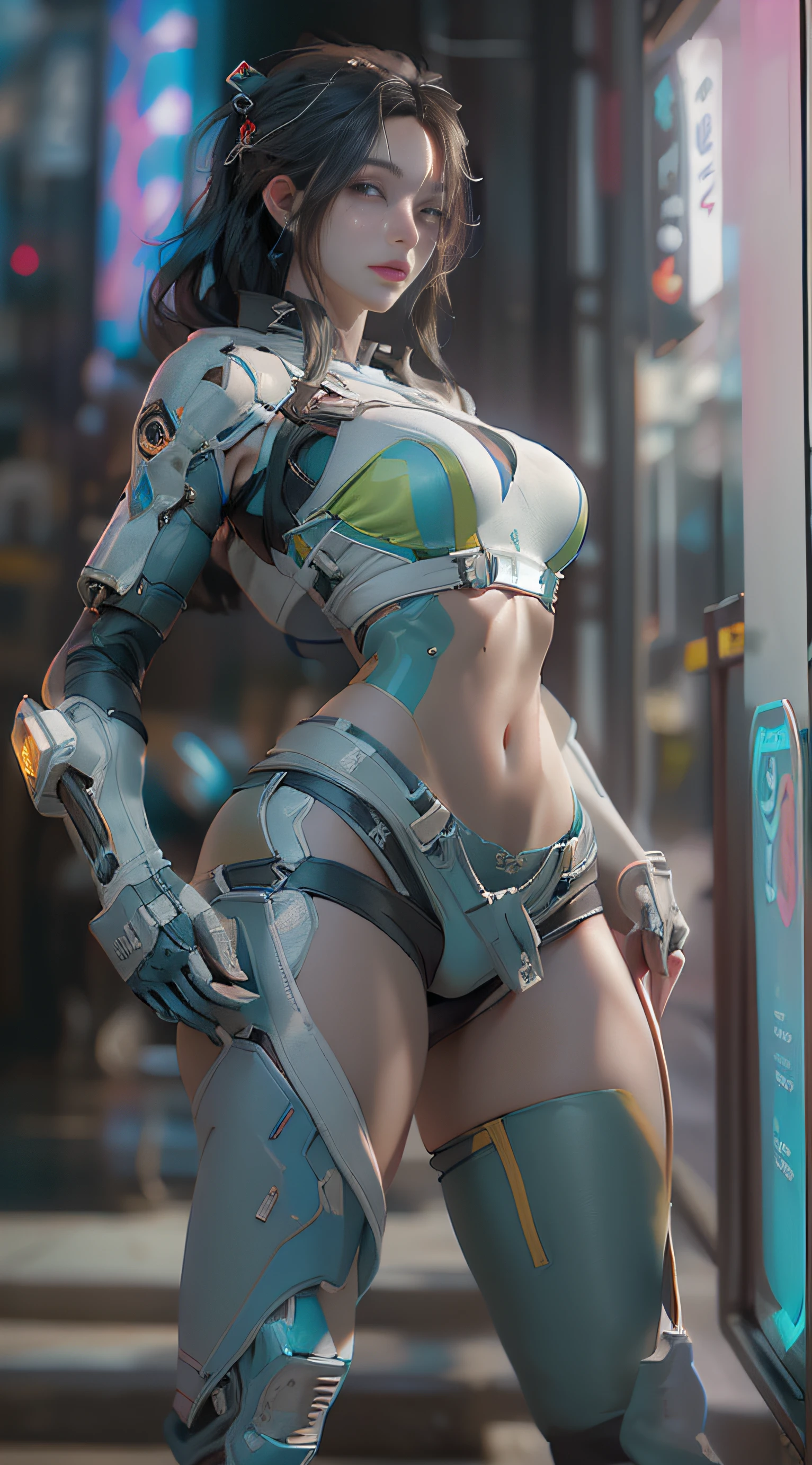 ((Best quality)), ((masterpiece)), (detailed:1.4), 3D, an image of a beautiful cyberpunk female,HDR (High Dynamic Range),Ray Tracing,NVIDIA RTX,Super-Resolution,Unreal 5,Subsurface scattering,PBR Texturing,Post-processing,Anisotropic Filtering,Depth-of-field,Maximum clarity and sharpness,Multi-layered textures,Albedo and Specular maps,Surface shading,Accurate simulation of light-material interaction,Perfect proportions,Octane Render,Two-tone lighting,Wide aperture,Low ISO,White balance,Rule of thirds,8K RAW,