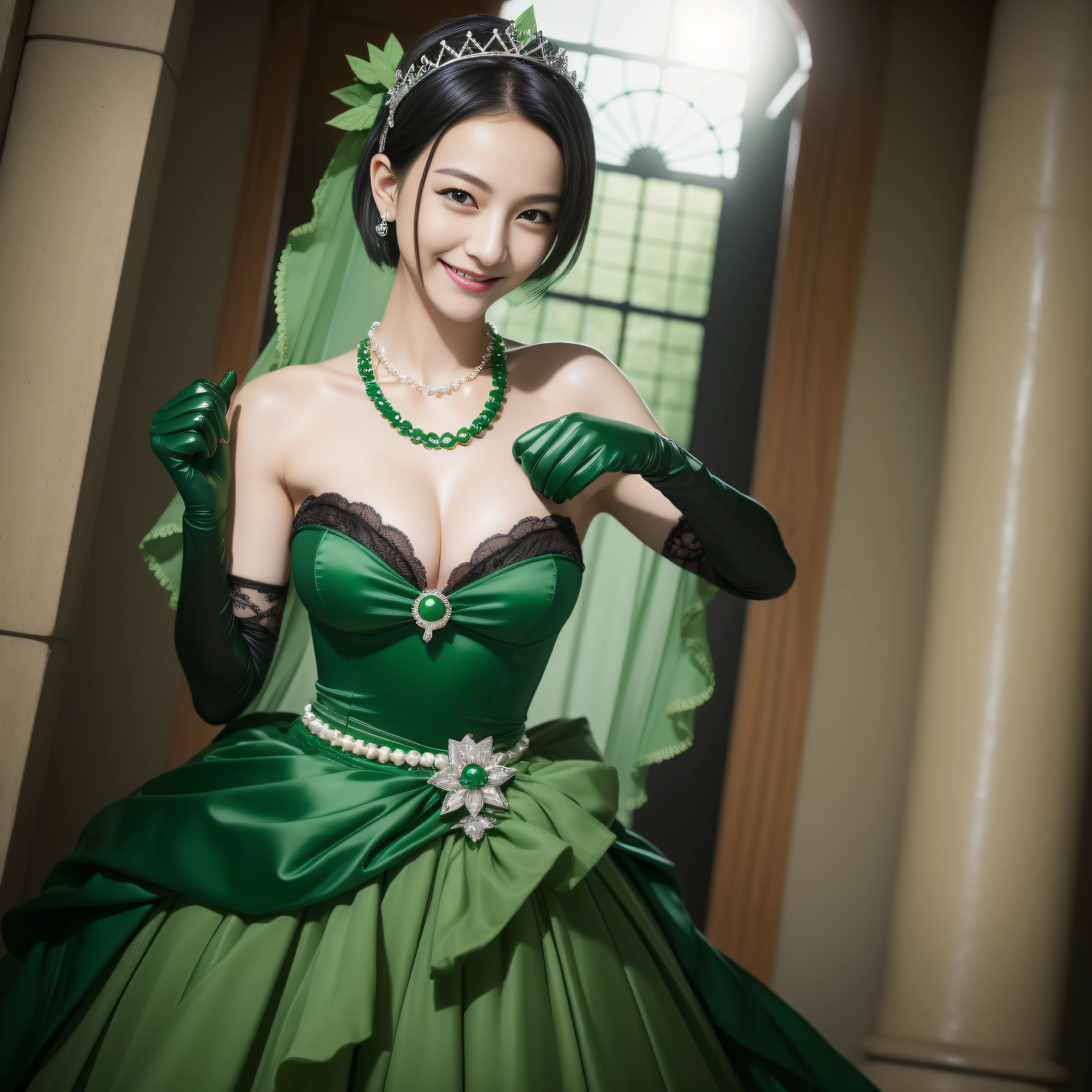 Boyish very short black hair, lipsticks, Japan woman smiling, Green Long Grove, Emerald Tia boyish very short black hair, lipsticks, Japan woman smiling, Satin green long gloves, emerald tiara, Pearl Necklace, verd s eyes, Green eyes, Long green gloves made of satin material, big breasts beautiful