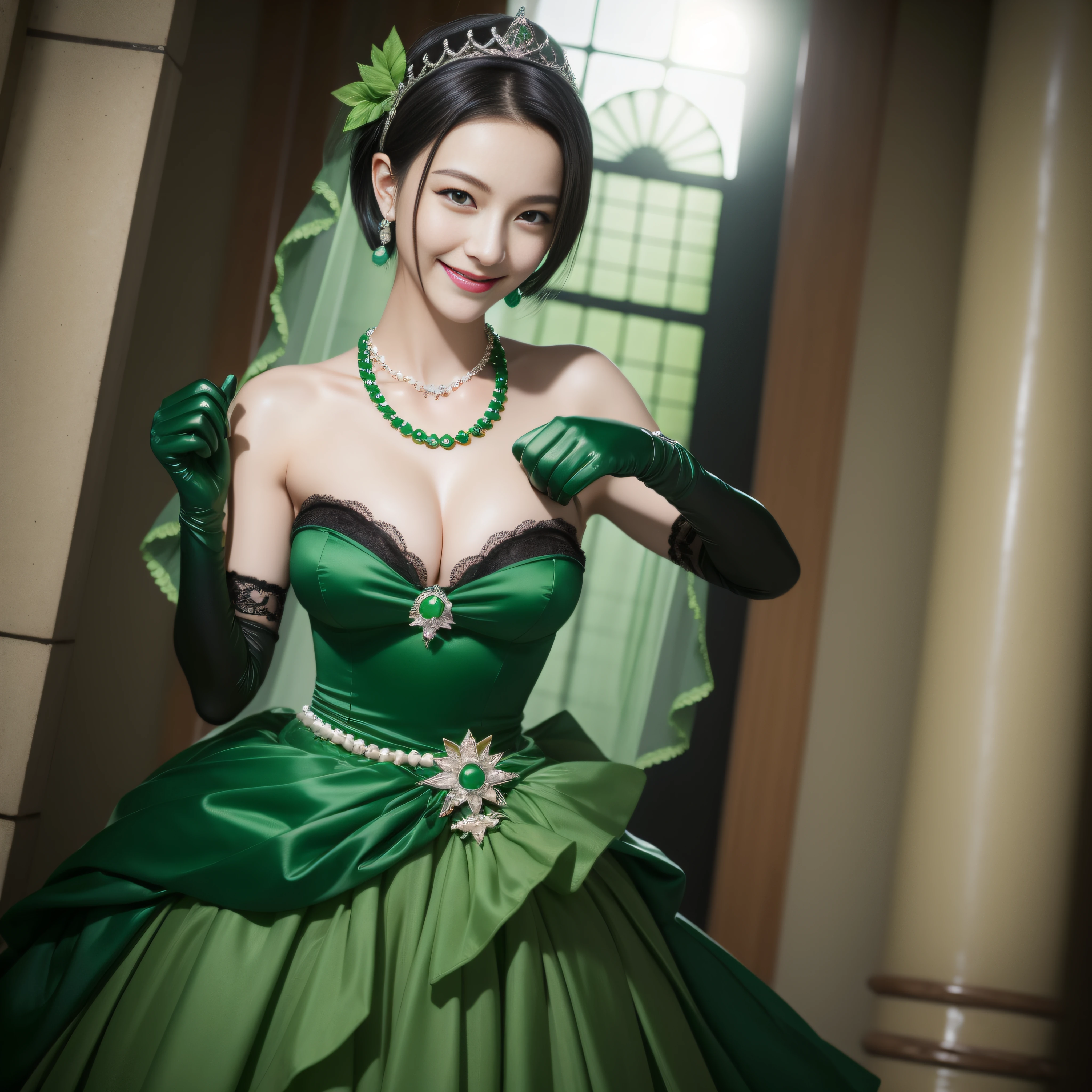 Boyish very short black hair, lipsticks, Japan woman smiling, Green Long Grove, Emerald Tia boyish very short black hair, lipsticks, Japan woman smiling, Satin green long gloves, emerald tiara, Pearl Necklace, verd s eyes, Green eyes, Long green gloves made of satin material, big breasts beautiful