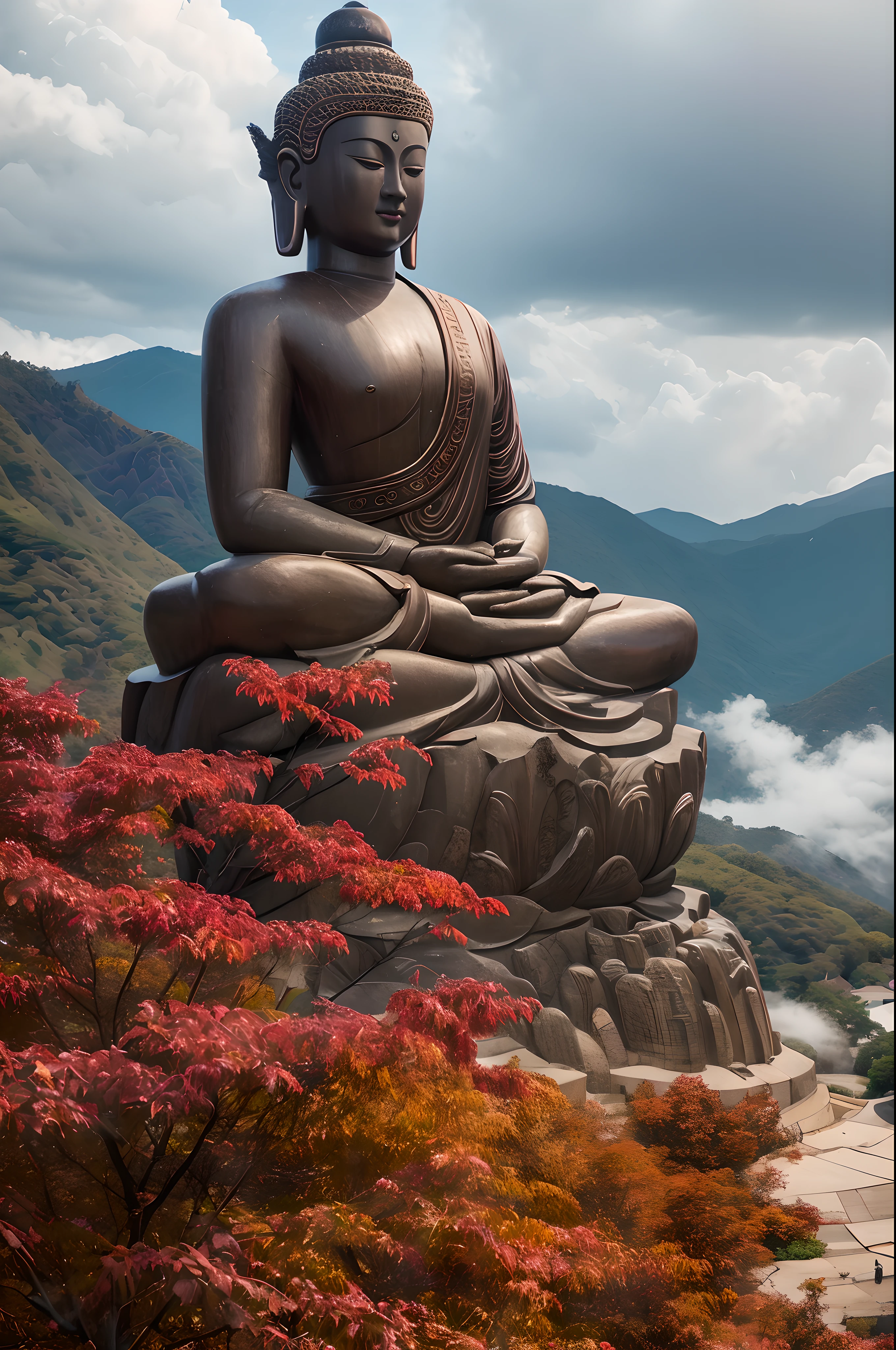 Autumn hilltop view,Layers of mountains,A huge statue of Shakyamuni stands deep in the mountains,The trees are verdant,Maple leaves are red,A masterpiece of photography,rich details,dark stormy clouds
