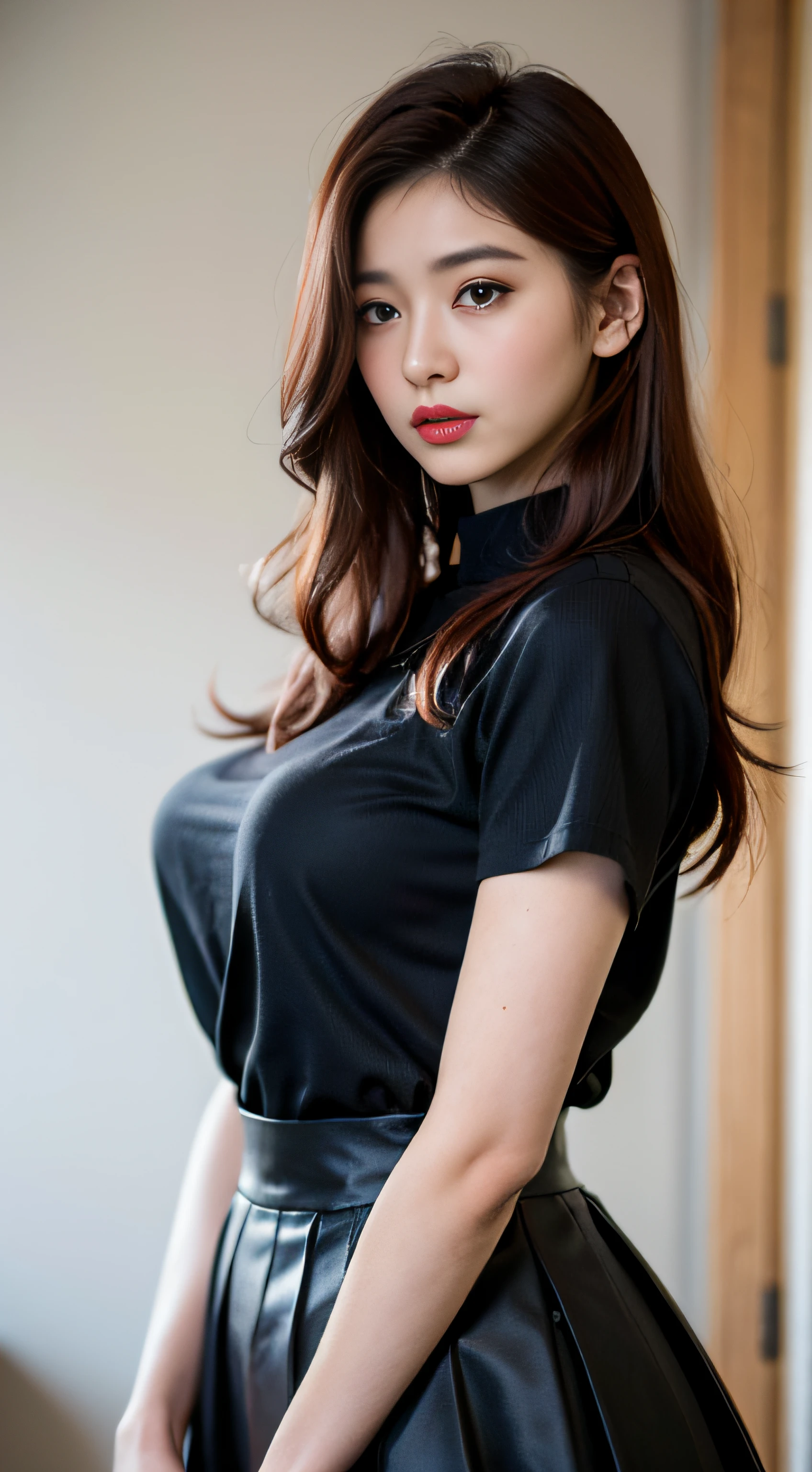 Bishōjo college student, masterpiece, light makeup, red lips, red hair, messy long hair, pure background, beautiful, elegant. Ultra fine details, masterpieces, realistic texture, cinematic lighting realism, perfect work, 8k, high-definition, exquisite facial features, black shirt, black buttocks skirt, and exquisite curves