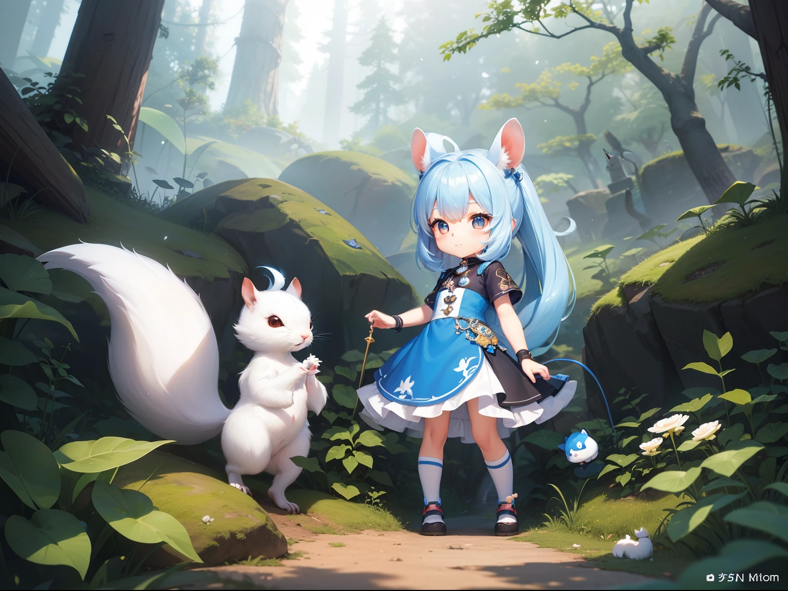 There is a small white squirrel with an acorn in his hand,  Chibichara　A cute girl with blue hair is also with me。It is a cute costume in white and blue。Dark eyes。cute forest creature, Cute mushrooms also grow、Adorable Digital Painting, cute detailed digital art, the squirrel king, Cute digital art, cute cartoon characters, cute character, CuteCreatures, Cutie, official illustrations, Official art, squirrel, maplestory mouse, astri lohne,  cute 3d render