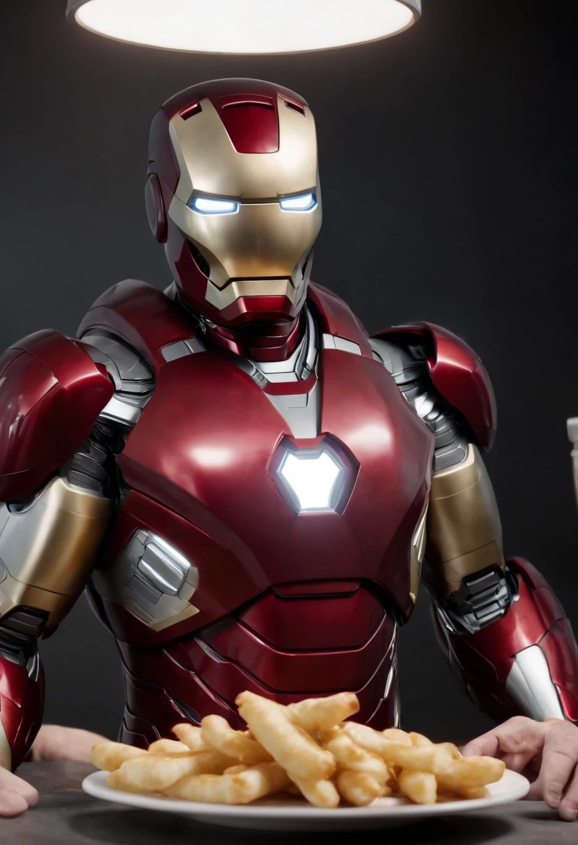 Marvel's somber half-length portrait of Iron Man behind a table with a plate of salchichas en trozos acompañado de papas fritas, with intricate angular cybernetic implants within a futuristic kitchen, cyberpunk, Foto premiada, Neon lights, cybernetic limb, obra maestra, UHD, 32K, ultrarrealista, HQ 4K, Renderizado en Unreal Engine 4K HQ, Renderizado en Unreal Engine 4K HQ, Arte conceptual 4K e hiperrealismo, Renderizado 4K detallado, Ironman, ArtStation 4K, Renderizado 4K de alto detalle, Tendencias 4K en la sede de ArtStation, Extremadamente fotorrealista