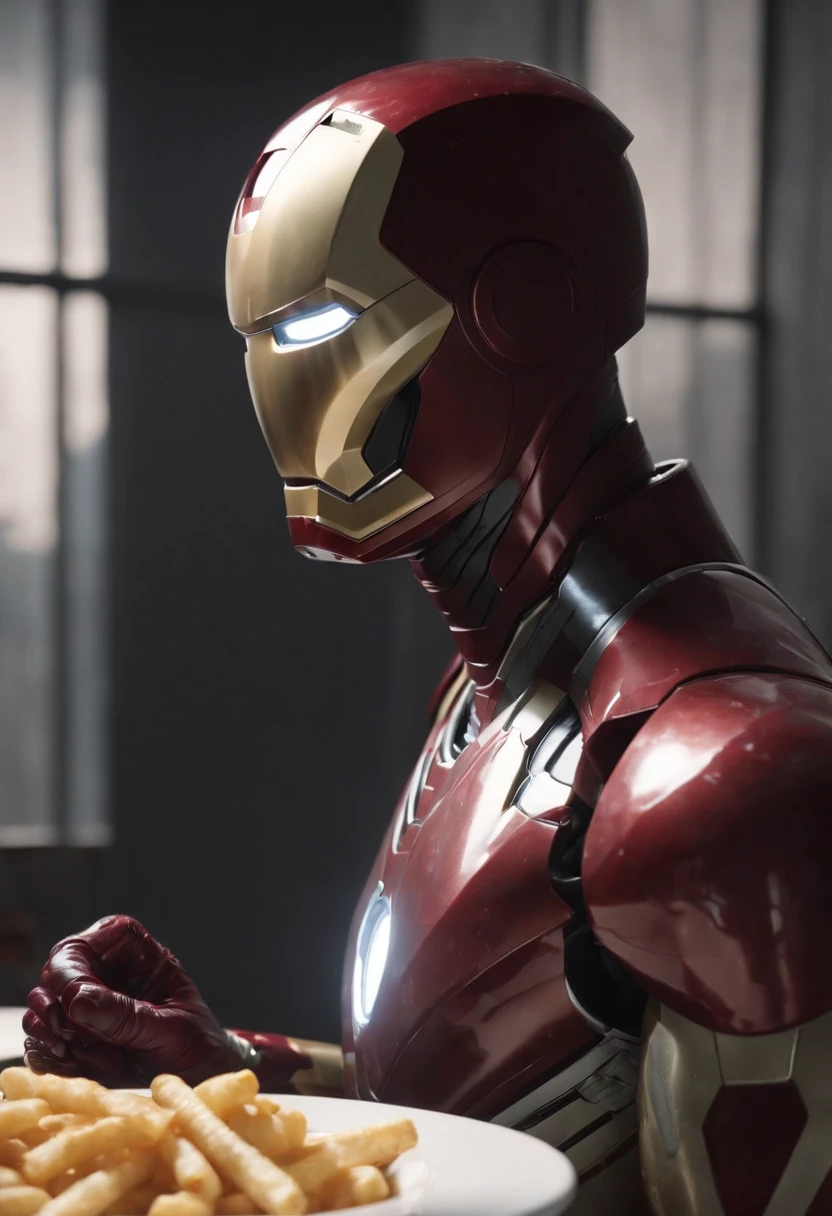 Marvel's somber half-length portrait of Iron Man behind a table with a plate of salchichas en trozos acompañado de papas fritas, with intricate angular cybernetic implants within a futuristic kitchen, cyberpunk, Foto premiada, Neon lights, cybernetic limb, obra maestra, UHD, 32K, ultrarrealista, HQ 4K, Renderizado en Unreal Engine 4K HQ, Renderizado en Unreal Engine 4K HQ, Arte conceptual 4K e hiperrealismo, Renderizado 4K detallado, Ironman, ArtStation 4K, Renderizado 4K de alto detalle, Tendencias 4K en la sede de ArtStation, Extremadamente fotorrealista