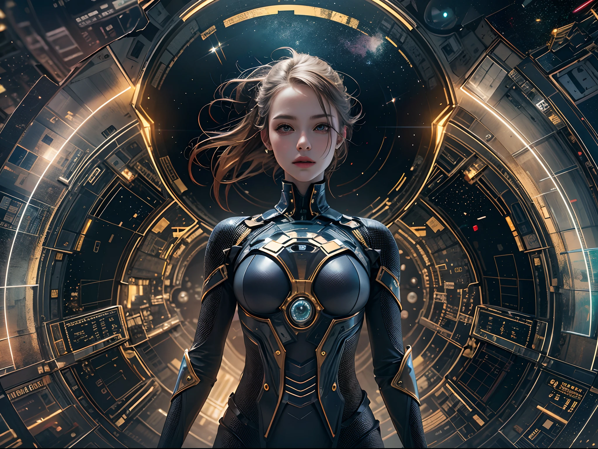 The girl with the pretty face floats in space, wearing a armor, with some long black alien spacecraft docked behind her, There's a huge black hole forming behind it, and the stars behind her swim past .The girl with the beautiful face stood in the center of the planet, and countless golden meteors converged on her.LightPainting, holographic,Center symmetrical composition,Axisymmetric composition