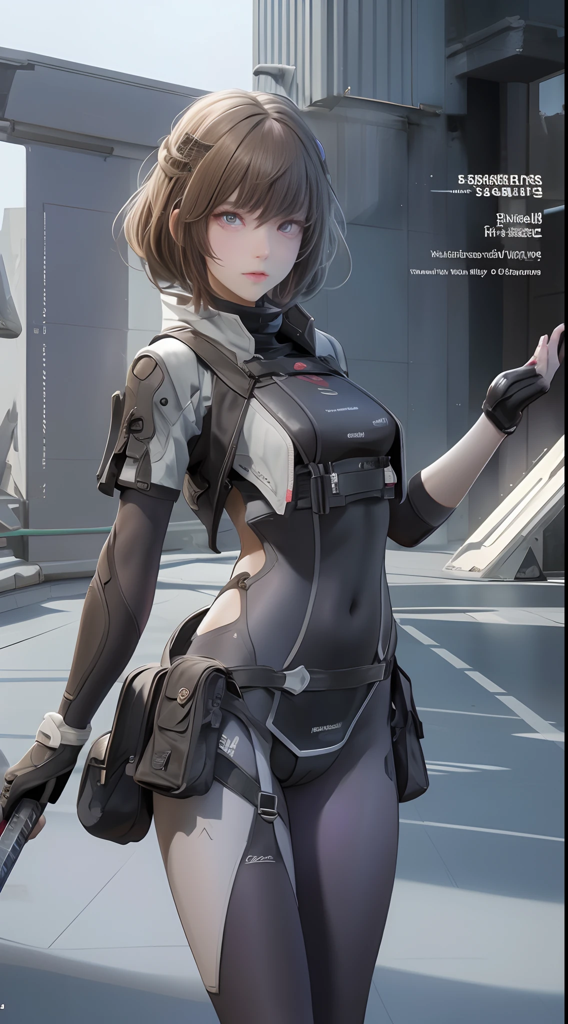 The alone young short light brown hair woman as the lone character, violet eye, purple eyes, stand alone holding a sci-fi pistol and sci-fi sniper rifle , sci-fi city , High detail mature face, combat suit, white glove, black boot, high res, ultra sharp, She stands confidently in the center of the poster, Shooting pose，explosion effect, a determined expression on her face。The background is dark and gritty，There is a sense of danger and a strong feeling。The text is bold and eye-catching，With catchy slogans，Adds to the overall drama and excitement。The color palette is dominated by dark colors，Dotted with bright colors，Make the poster dynamic and visually striking，(Magazines:1.3), (Cover-style:1.3), Fashion, vibrant, Outfit, posing on a, Front, rich colorful，Background with，element in，self-assured，Expressing the，halter，statement，Attachment，A majestic，coil，Runt，Touching pubic area，Scenes，text，Cover of a，boldness，attention-grabbing，titles，Fashion，typeface，，Best quality at best，Hyper-detailing，8K ，hyper HD