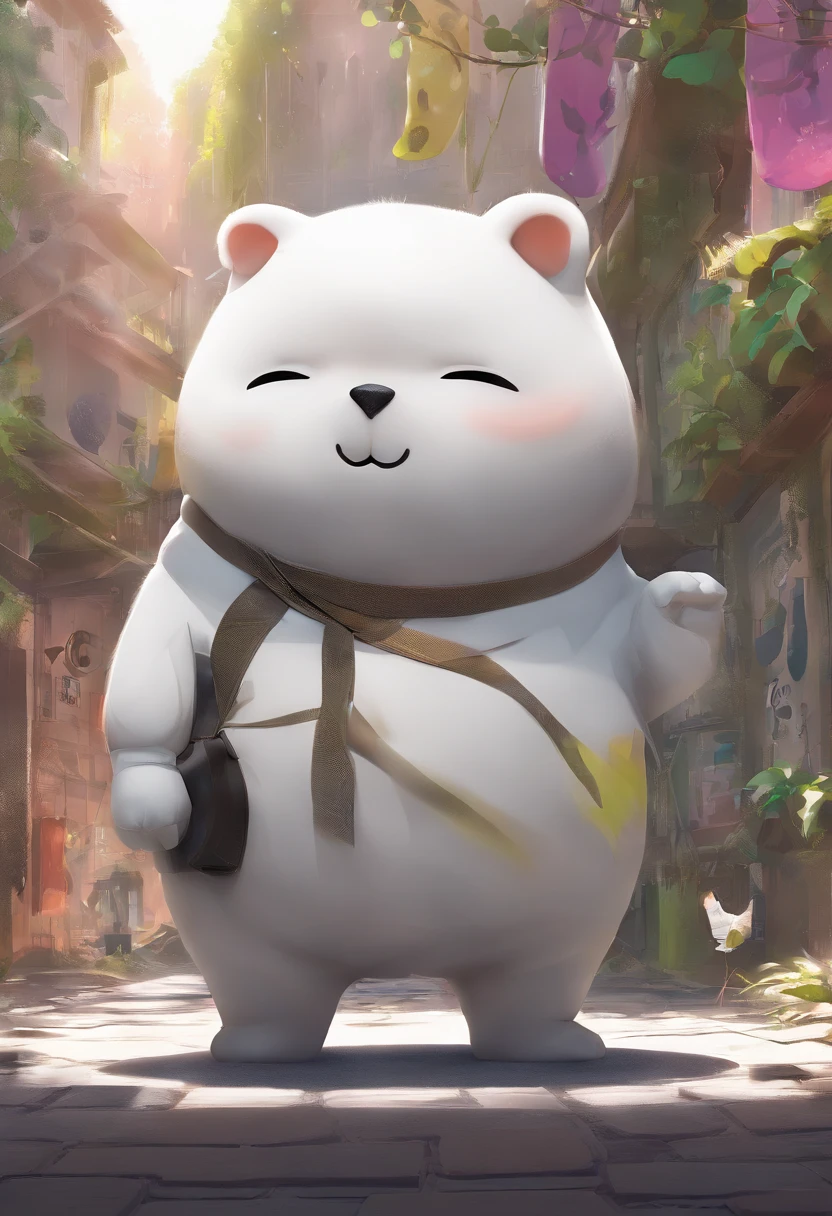 Rice mascot design，Cute rice image，Cute cute cute and round white fat man，depth of fields，high light，Real light，Ray traching，oc rendered，Hyper-realistic，best qualtiy，8K，super-fine，Detailed pubic hair，sharp focus on eyes，Bokeh，Physical integrity