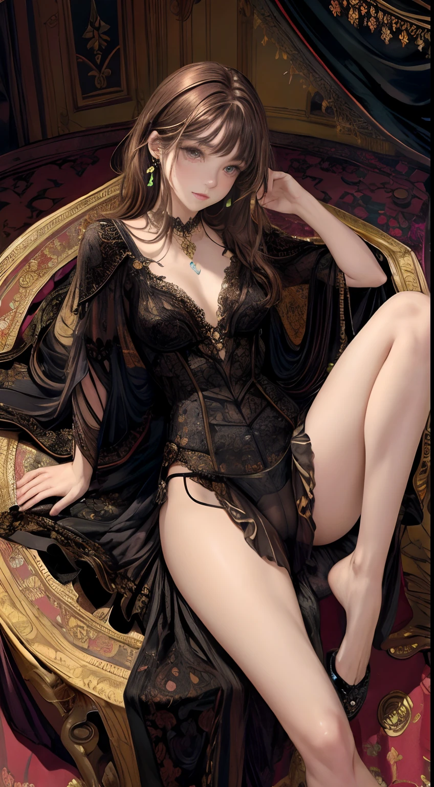 (Masterpiece level,high qulity,real photograph),Complicated details,Fantastical Atmosphere,colorful composition,A pure and beautiful girl,black in color|brown hair,(Delicate and detailed face and eyes),Sexy dress,Sit Pose,spreads her legs apart,Thong panties,A dress with a sense of design,From above,bedroom background