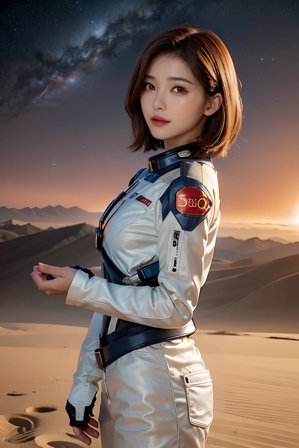 top-quality、masterpiece、超A high resolution、(realisitic:1.4)、Beautuful Women1、Beautiful detail eyes and skin、ssmile、Light brown short-cut hair、The perfect spacesuit、spaceships、Mysterious planet、Red sky、sandstorm、