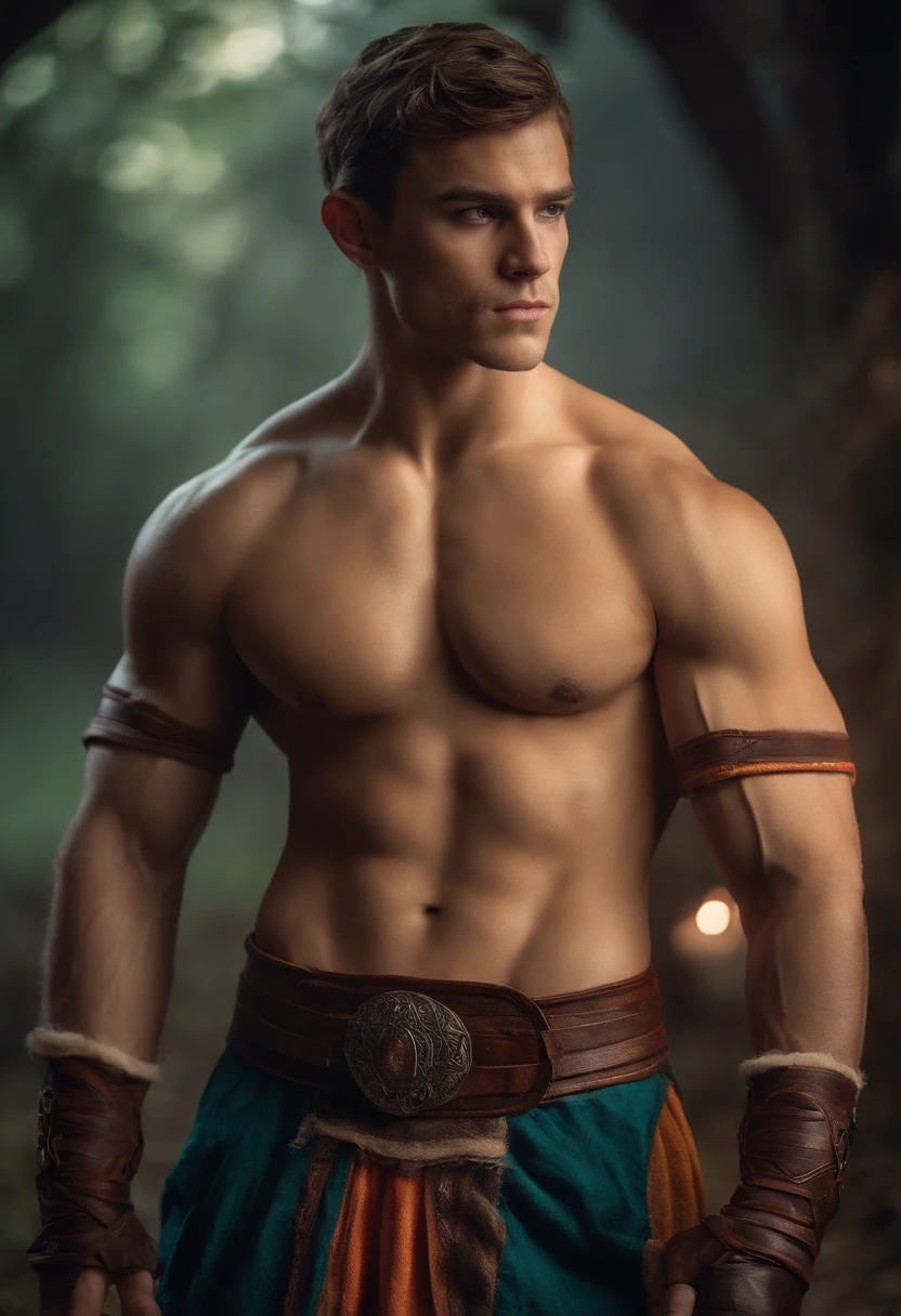 a half-elf white shirtless boxer with only his right forearm bandaged