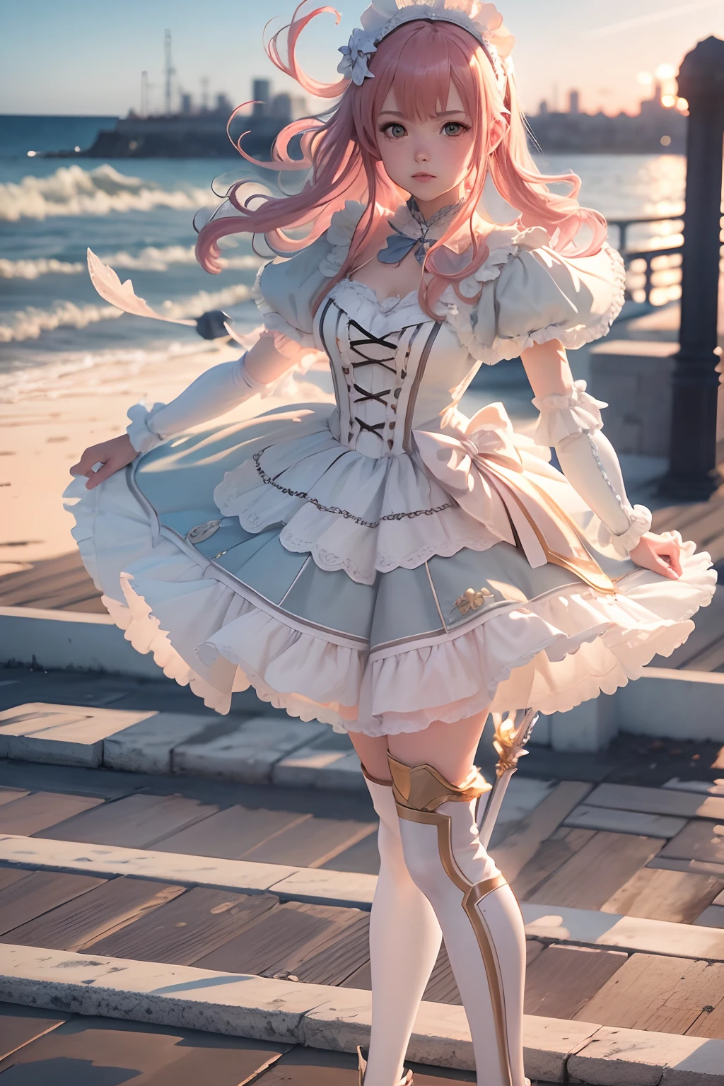 Seafront, Sunrise clouds, Longsword Art Online, ta costume dress, Dynamic posture, 8K, High detail, hyper qualit, high resolution, 8k smooth, landscape shot, 8K, High detail, hyper qualit, high resolution, 8k smooth, landscape shot, super wide shot, iso-distance view