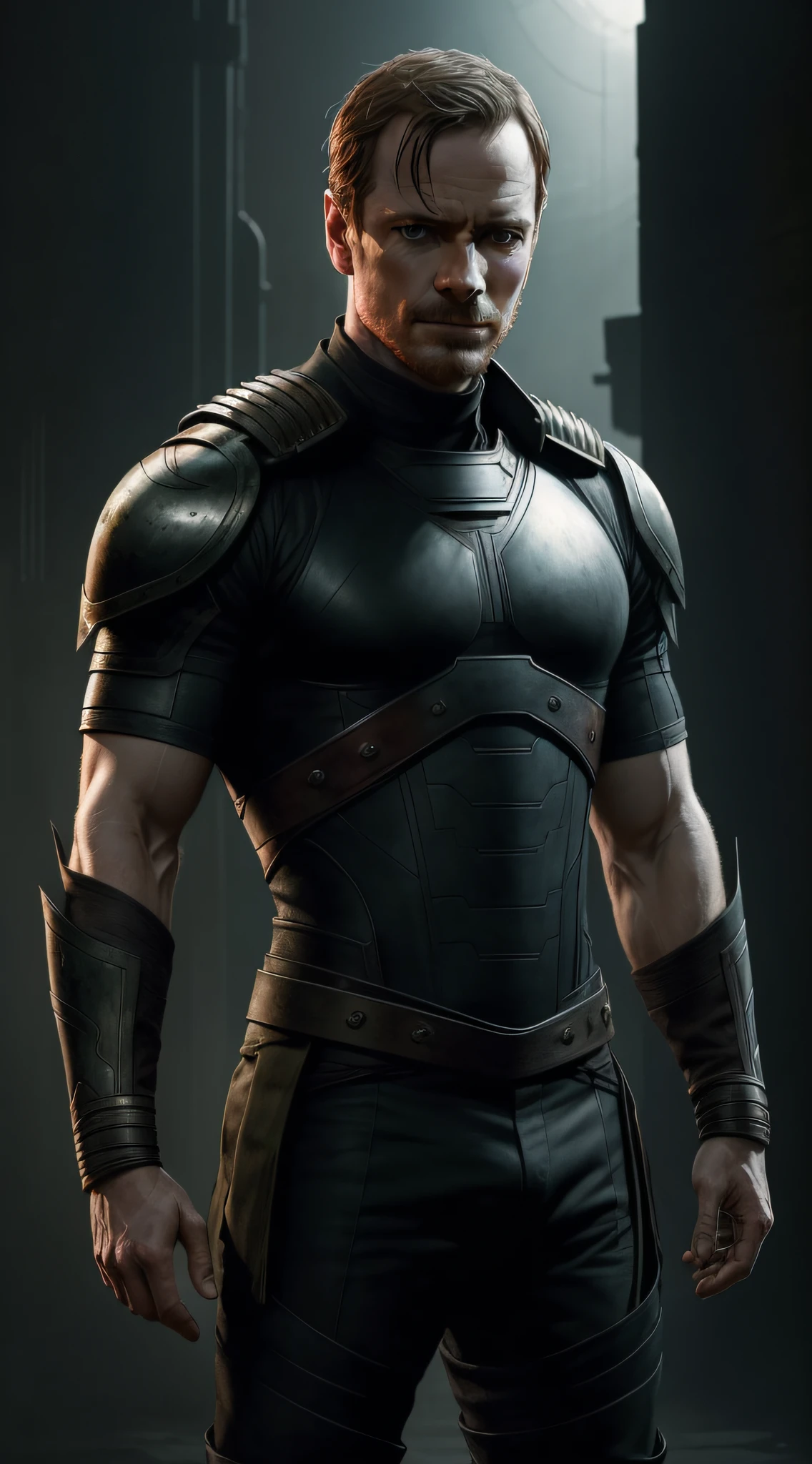 actor (Michael Fassbender) as Kano, mercenary, has one red cybernetic eye, two knifes, naked torso, khaki trousers, black boots, intricate, high detail, sharp focus, dramatic, photorealistic painting art by greg rutkowski