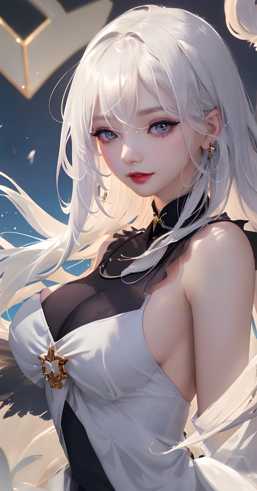 sitting on desk, aroused, necklace, earrings, full body, long white hair, white kimono, superb, ultra-high-definition, RAW photo, realism: 1.25), (bright lip gloss, long eyelashes, smooth face , bright skin, natural shadows, wide light, wide light, depth of field, strong colors, subtle caustics: 0.8), smile, (big tits), v6