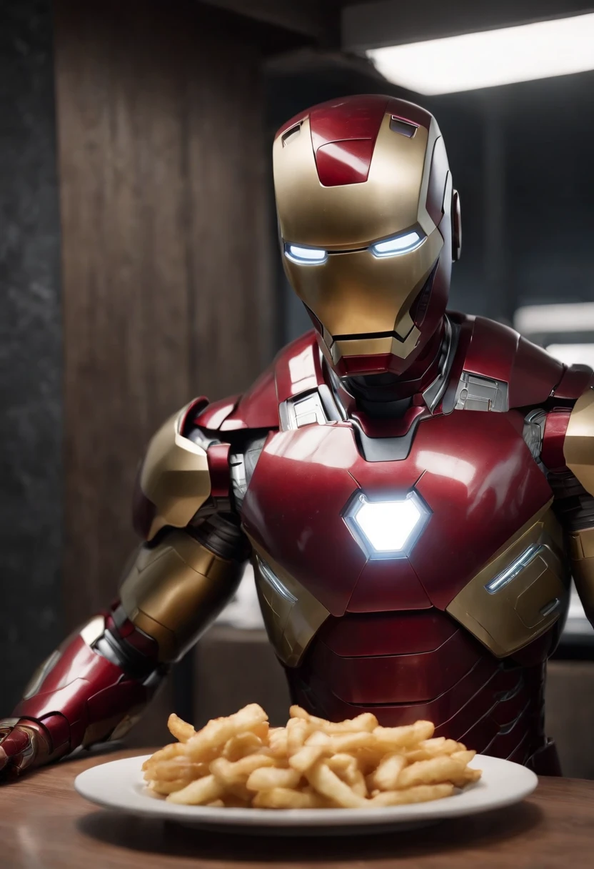 Marvel's somber half-length portrait of Iron Man behind a table with a plate of salchichas en trozos acompañado de papas fritas, with intricate angular cybernetic implants within a futuristic kitchen, cyberpunk, Foto premiada, Neon lights, cybernetic limb, obra maestra, UHD, 32K, ultrarrealista, HQ 4K, Renderizado en Unreal Engine 4K HQ, Renderizado en Unreal Engine 4K HQ, Arte conceptual 4K e hiperrealismo, Renderizado 4K detallado, Ironman, ArtStation 4K, Renderizado 4K de alto detalle, Tendencias 4K en la sede de ArtStation, Extremadamente fotorrealista