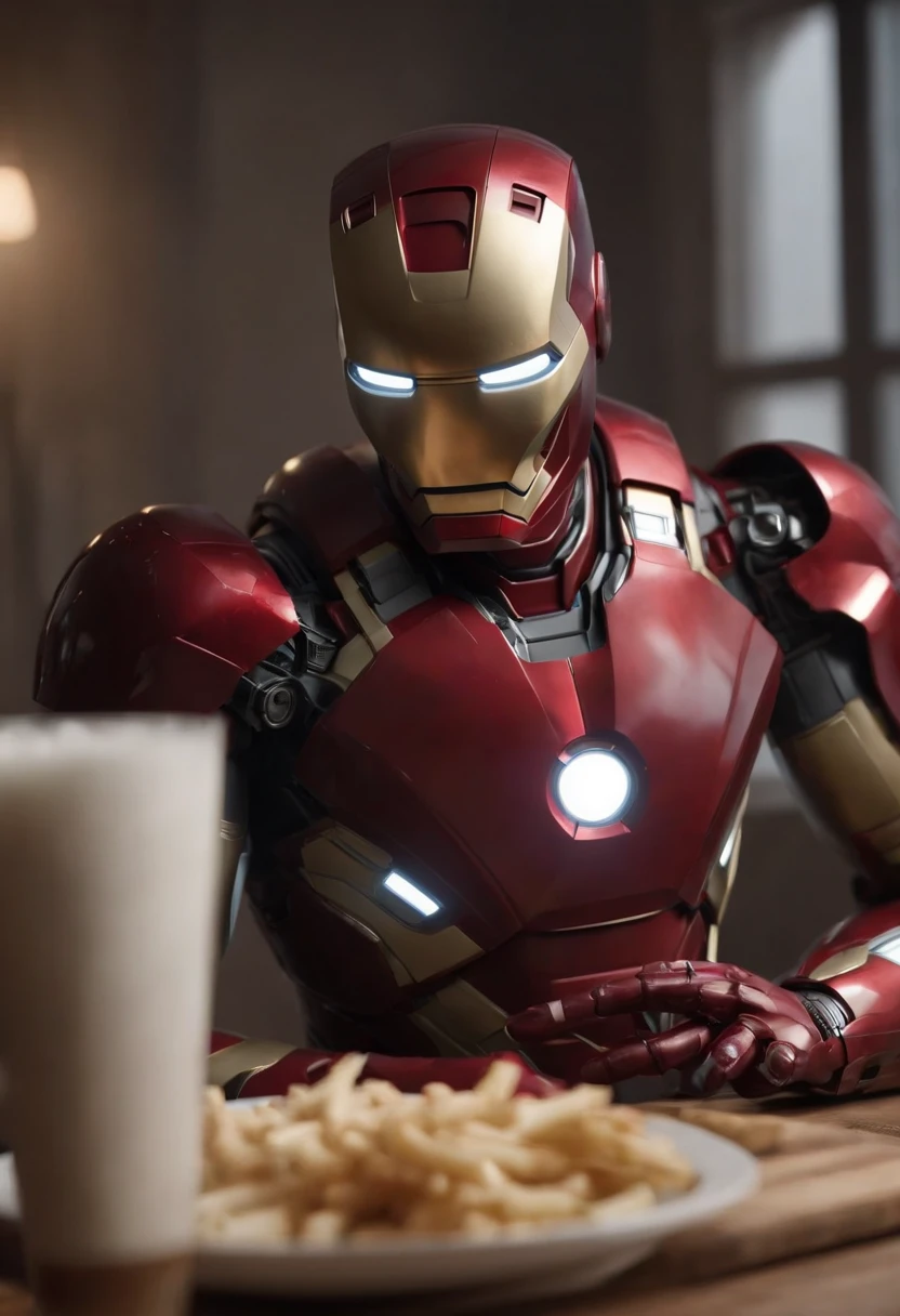 Marvel's somber half-length portrait of Iron Man behind a table with a plate of salchichas en trozos acompañado de papas fritas, with intricate angular cybernetic implants within a futuristic kitchen, cyberpunk, Foto premiada, Neon lights, cybernetic limb, obra maestra, UHD, 32K, ultrarrealista, HQ 4K, Renderizado en Unreal Engine 4K HQ, Renderizado en Unreal Engine 4K HQ, Arte conceptual 4K e hiperrealismo, Renderizado 4K detallado, Ironman, ArtStation 4K, Renderizado 4K de alto detalle, Tendencias 4K en la sede de ArtStation, Extremadamente fotorrealista