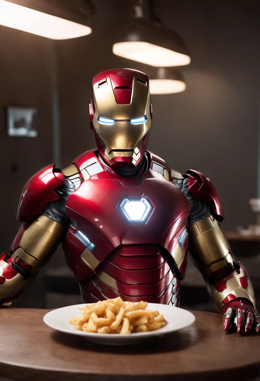 Marvel's somber half-length portrait of Iron Man behind a table with a plate of salchichas en trozos acompañado de papas fritas, with intricate angular cybernetic implants within a futuristic kitchen, cyberpunk, Foto premiada, Neon lights, cybernetic limb, obra maestra, UHD, 32K, ultrarrealista, HQ 4K, Renderizado en Unreal Engine 4K HQ, Renderizado en Unreal Engine 4K HQ, Arte conceptual 4K e hiperrealismo, Renderizado 4K detallado, Ironman, ArtStation 4K, Renderizado 4K de alto detalle, Tendencias 4K en la sede de ArtStation, Extremadamente fotorrealista