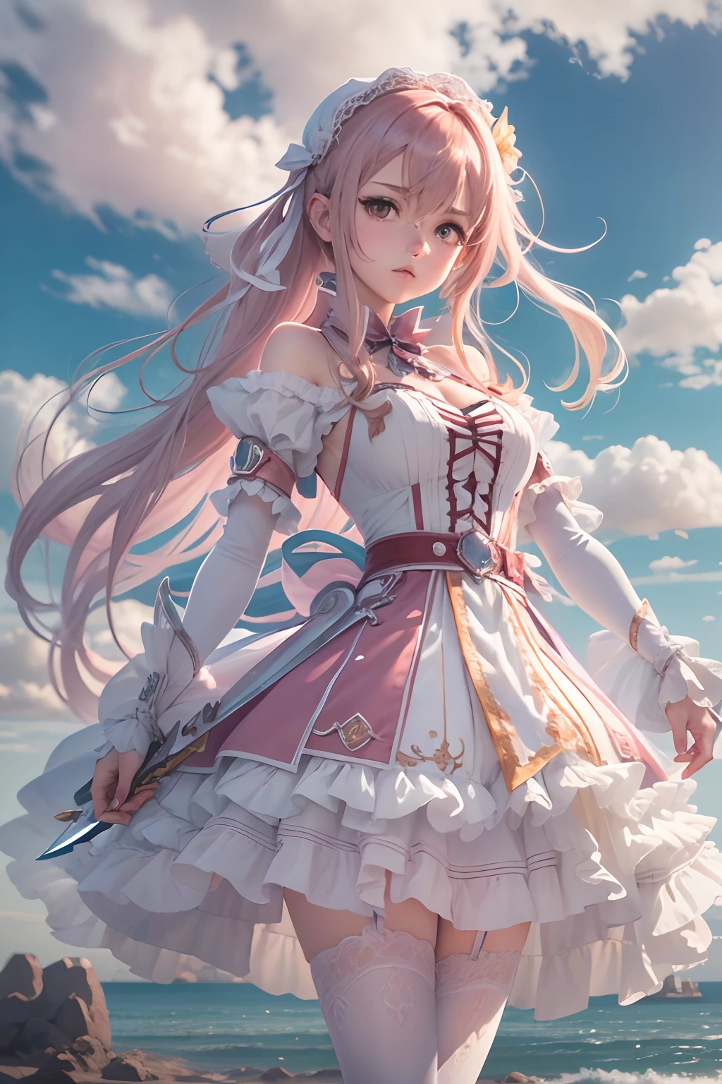 Seafront, Sunrise clouds, Long Sword Art Online, Lolita costume dress, Dynamic posture， 8K, High detail, hyper qualit, high resolution, 8k smooth, landscape shot, 8K, High detail, hyper qualit, high resolution, 8k smooth, landscape shot, super wide shot,  iso-distance view