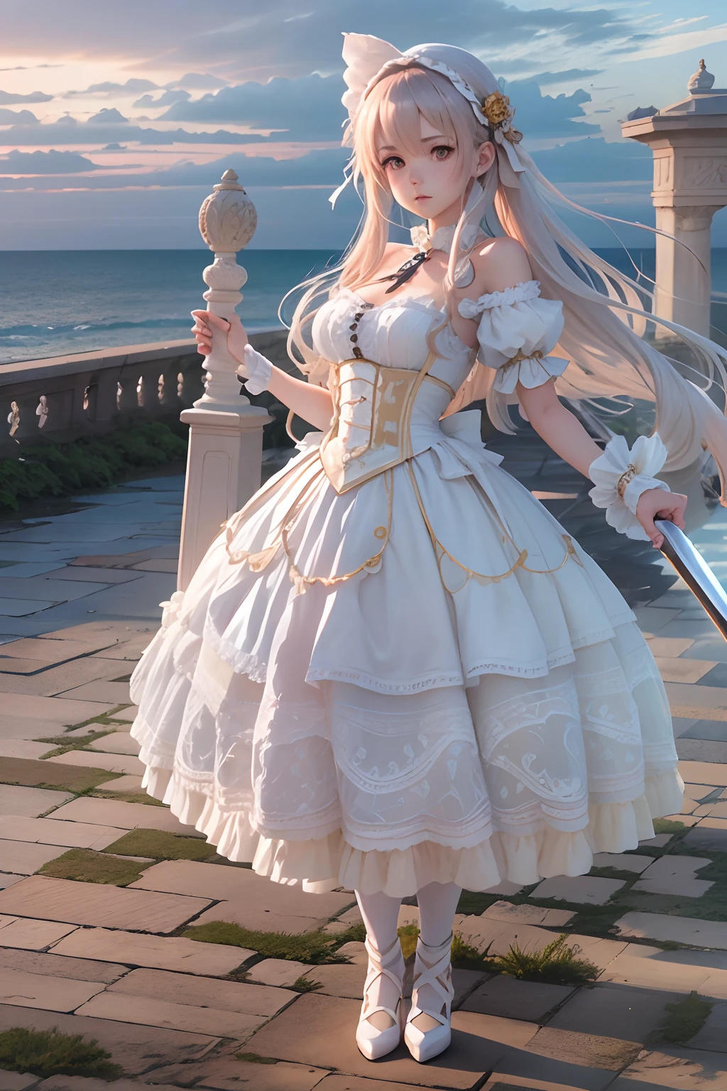 Seafront, Sunrise clouds, Long Sword Art Online, Lolita costume dress, Dynamic posture, 8K, High detail, hyper qualit, high resolution, 8k smooth, landscape shot, 8K, High detail, hyper qualit, high resolution, 8k smooth, landscape shot, super wide shot, iso-distance view