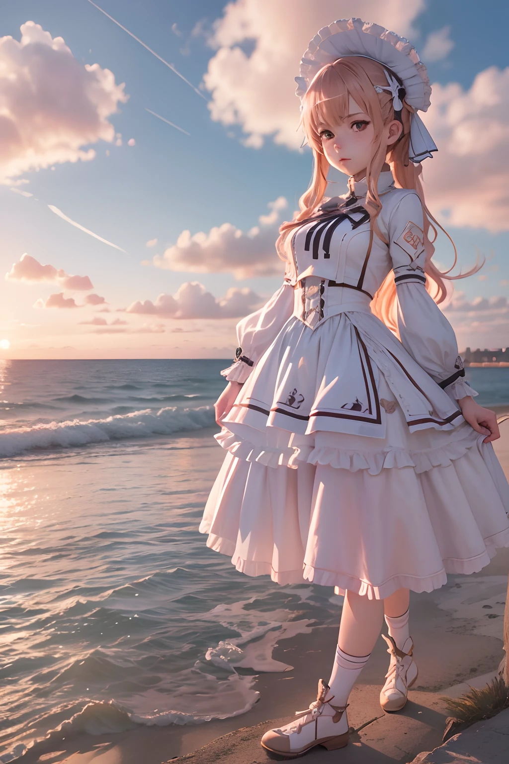 Seafront, Sunrise clouds, sword art online, ta costume dress, Dynamic posture, 8K, High detail, hyper qualit, high resolution, 8k smooth, landscape shot, 8K, High detail, hyper qualit, high resolution, 8k smooth, landscape shot, super wide shot, iso-distance view