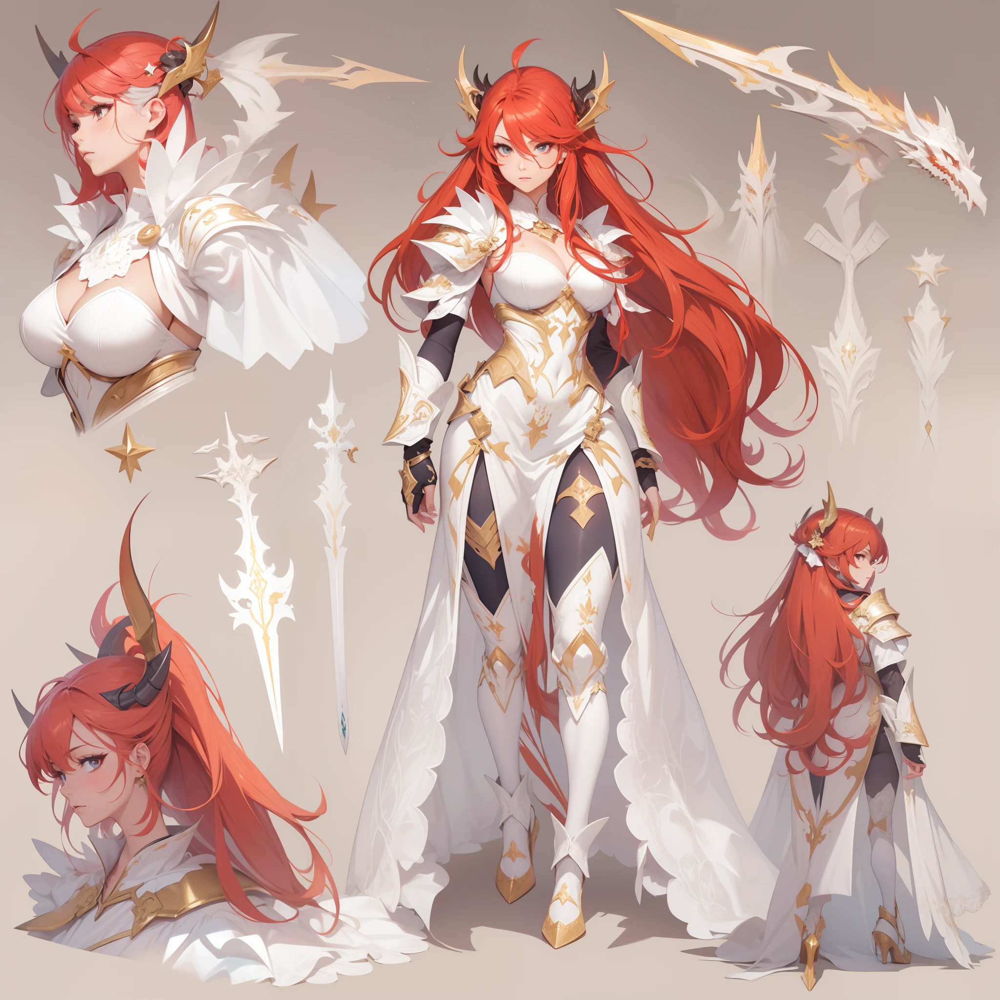 Masterpiece, Highest quality, Detailed face, CharacterDesignSheet,perfectly proportions,full bodyesbian,Full of details, Multiple poses and expressions, Highly detailed, Beautiful paladin girl,red tinted hair,Dragon's horn,ablaze with intensity,Carry a two-handed greatsword,Pure white armor,Bride,Surrounded by flames,Star decoration,Lace,lacepantyhose, High Balance,Natural light