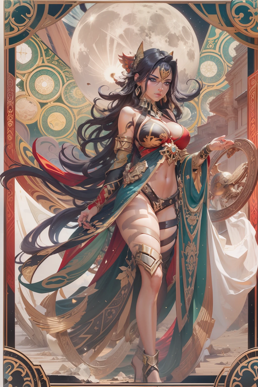 Tarot card, dehya\(genshin_impact\), full body, cleavage, navel, Shiny skin,((almost nude)), Detailed face, wearing patterned robe, Sumeru,Clouds, moon,((tarot card layout)),Best quality, Masterpiece, (Realistic:0.6), Realistic lighting, desert frame, Decorative panels, abstract artistic, (Alphonse Mucha) (tmasterpiece, best qualtiy, 8k, Extremely detailed, Complicated details, 4K,cerulean, Line art, Fibonacci. intricate red and black