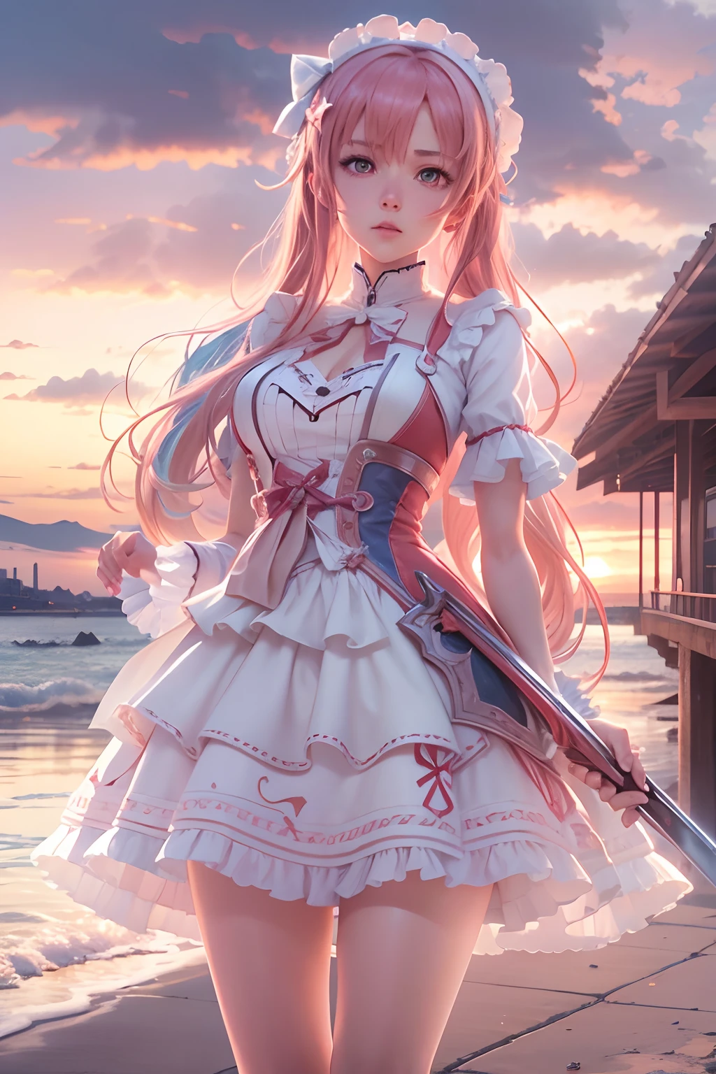 Seafront, Sunrise clouds, sword art online, ta costume dress, Dynamic posture, 8K, High detail, hyper qualit, high resolution, 8k smooth, landscape shot, 8K, High detail, hyper qualit, high resolution, 8k smooth, landscape shot, super wide shot, iso-distance view