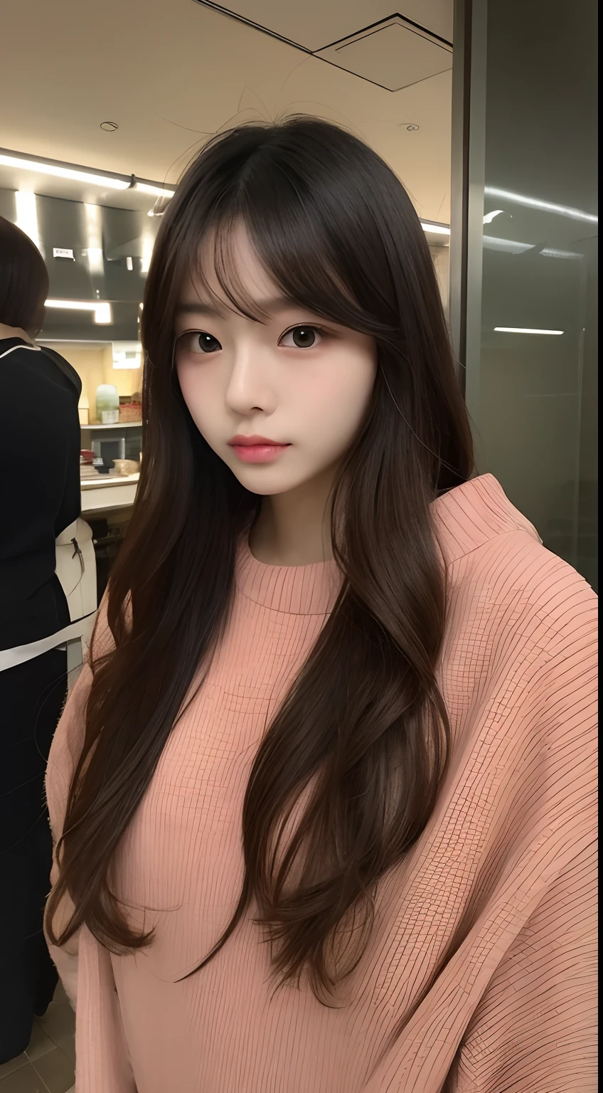 one Japanese kawaii model ,Unique hair details, cyberpunk virtual fashion, Near future, Curvilinear details , detailed eyes, double eyelid, plump lips, in cafeteria