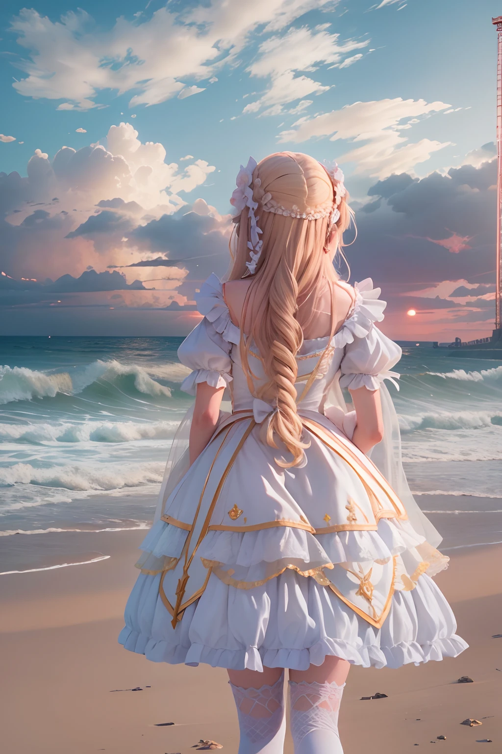 Seafront, Sunrise clouds, sword art online, ta Costume Outfit裙, Back view, 8K, High detail, hyper qualit, high resolution, 8k smooth, landscape shot, 8K, High detail, hyper qualit, high resolution, 8k smooth, landscape shot, super wide shot, iso-distance view