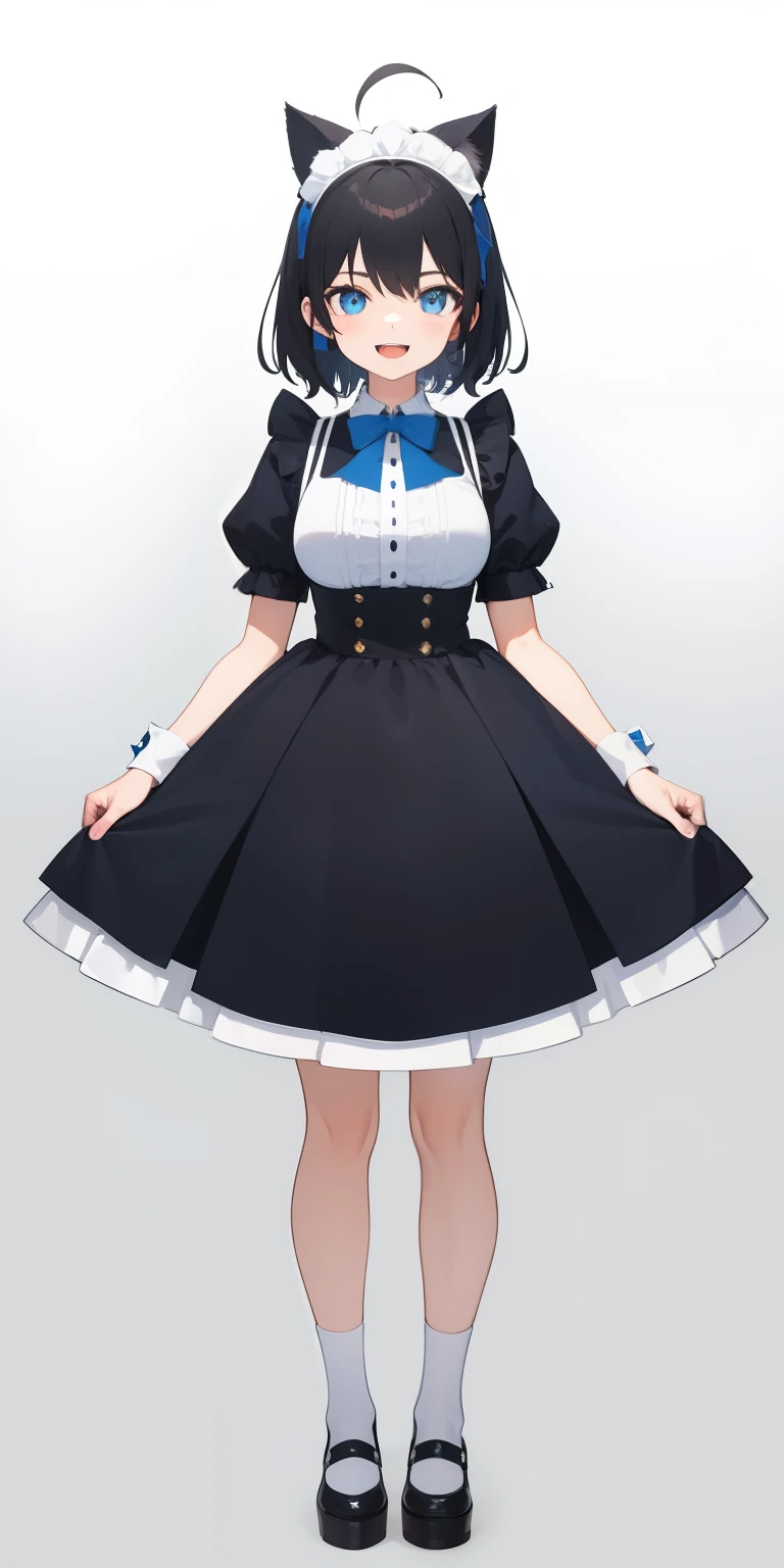 Full body,(( Upright)), ((Arms at sides)), Looking at Viewer, Simple background, 1girl in, Open mouth, Smile, Virtual Youtuber、girl with、、((Best Quality, high_resolution, Distinct_image)),(Black hair), (Black cat ears), (Ahoge), (absurdly short hair), (Wavy Hair), (Blue eyes),、A smile、large full breasts、Dressed in maid clothes