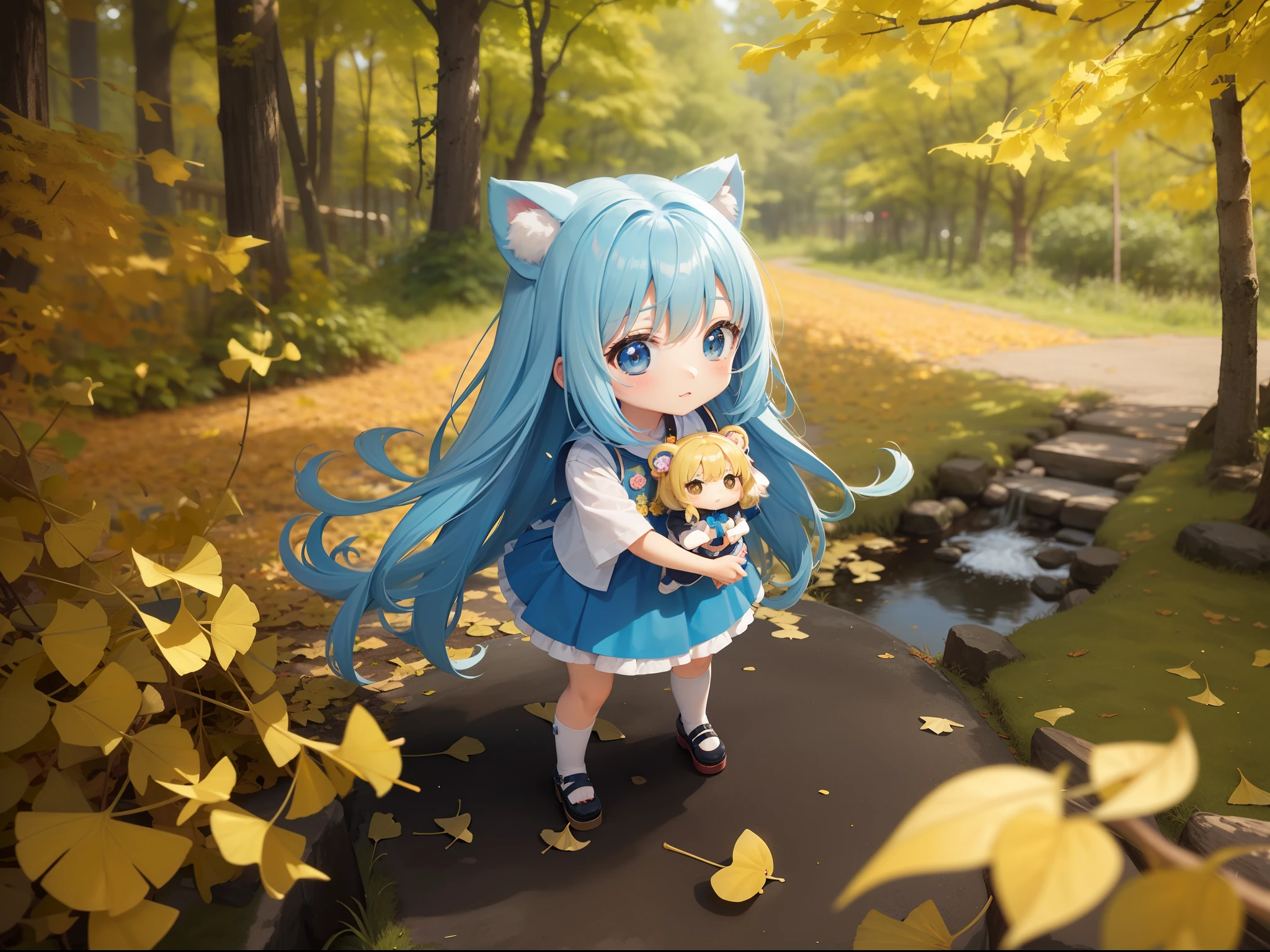 Chibichara　long hair with blue hair((Chibi Chara))、Fluffy、girl with、Chibi Chara、full body Esbian、Pastel colors hair、masutepiece、top-quality、Forest of autumn leaves、Ginkgo is also colored yellow.。Cute bears are also with us。