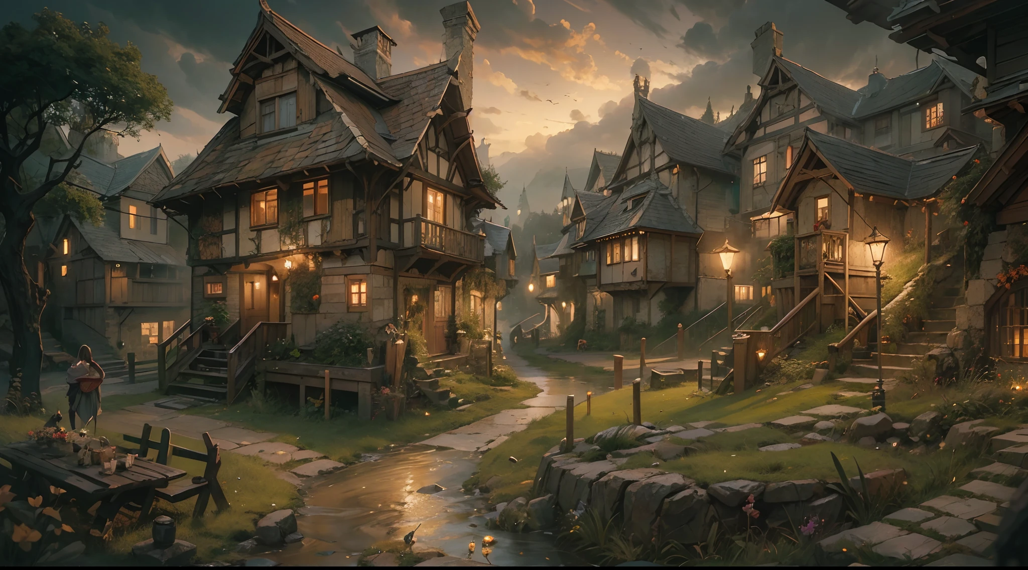 (by Greg Rutkowski: 1.2), (masterpiece), (best quality), extremely delicate and beautiful, illustration, (fantasy landscape), A mesmerizing fantasy landscape with enchanting elements blending seamlessly. (medieval village, houses, medieval fantasy), from Brian Froud and Carne Griffiths and Wadim Kashin and John William Waterhouse, 8K post-production, high resolution, hiper detailed, depth of field, HDR, intricate
