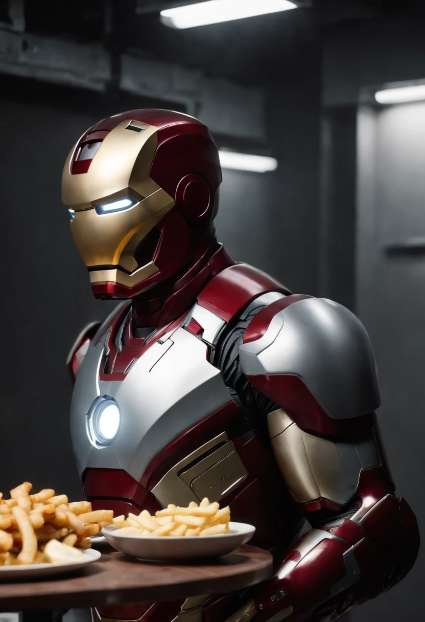 Marvel's somber half-length portrait of Iron Man behind a table with a plate of salchichas en trozos acompañado de papas fritas, with intricate angular cybernetic implants within a futuristic kitchen, cyberpunk, Foto premiada, Neon lights, cybernetic limb, obra maestra, UHD, 32K, ultrarrealista, HQ 4K, Renderizado en Unreal Engine 4K HQ, Renderizado en Unreal Engine 4K HQ, Arte conceptual 4K e hiperrealismo, Renderizado 4K detallado, Ironman, ArtStation 4K, Renderizado 4K de alto detalle, Tendencias 4K en la sede de ArtStation, Extremadamente fotorrealista