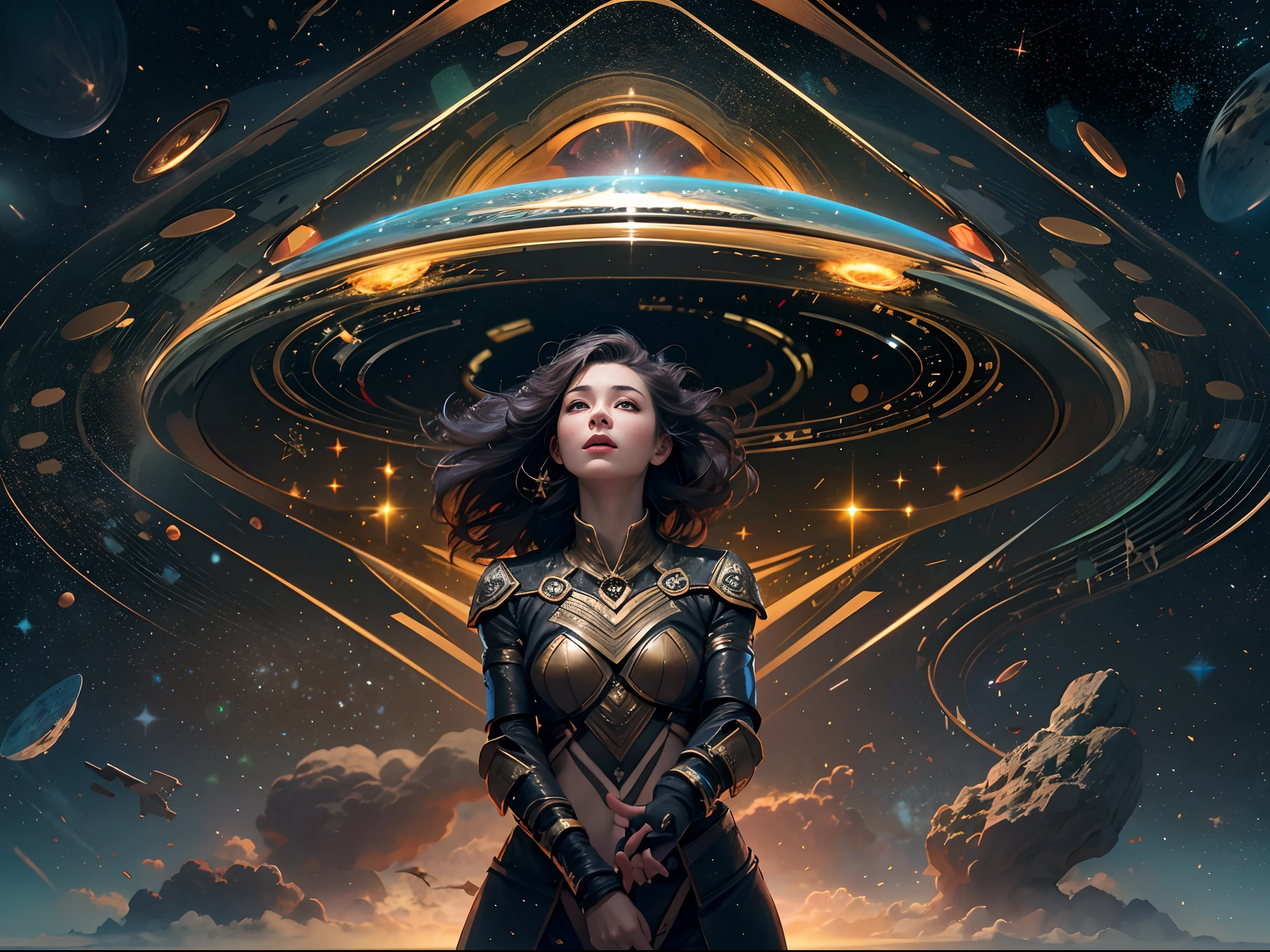 The girl with the pretty face floats in space, wearing a armor, with some long black alien spacecraft docked behind her, There's a huge black hole forming behind it, and the stars behind her swim past .The girl with the beautiful face stood in the center of the planet, and countless golden meteors converged on her.LightPainting, holographic，Center symmetrical composition，Axisymmetric composition