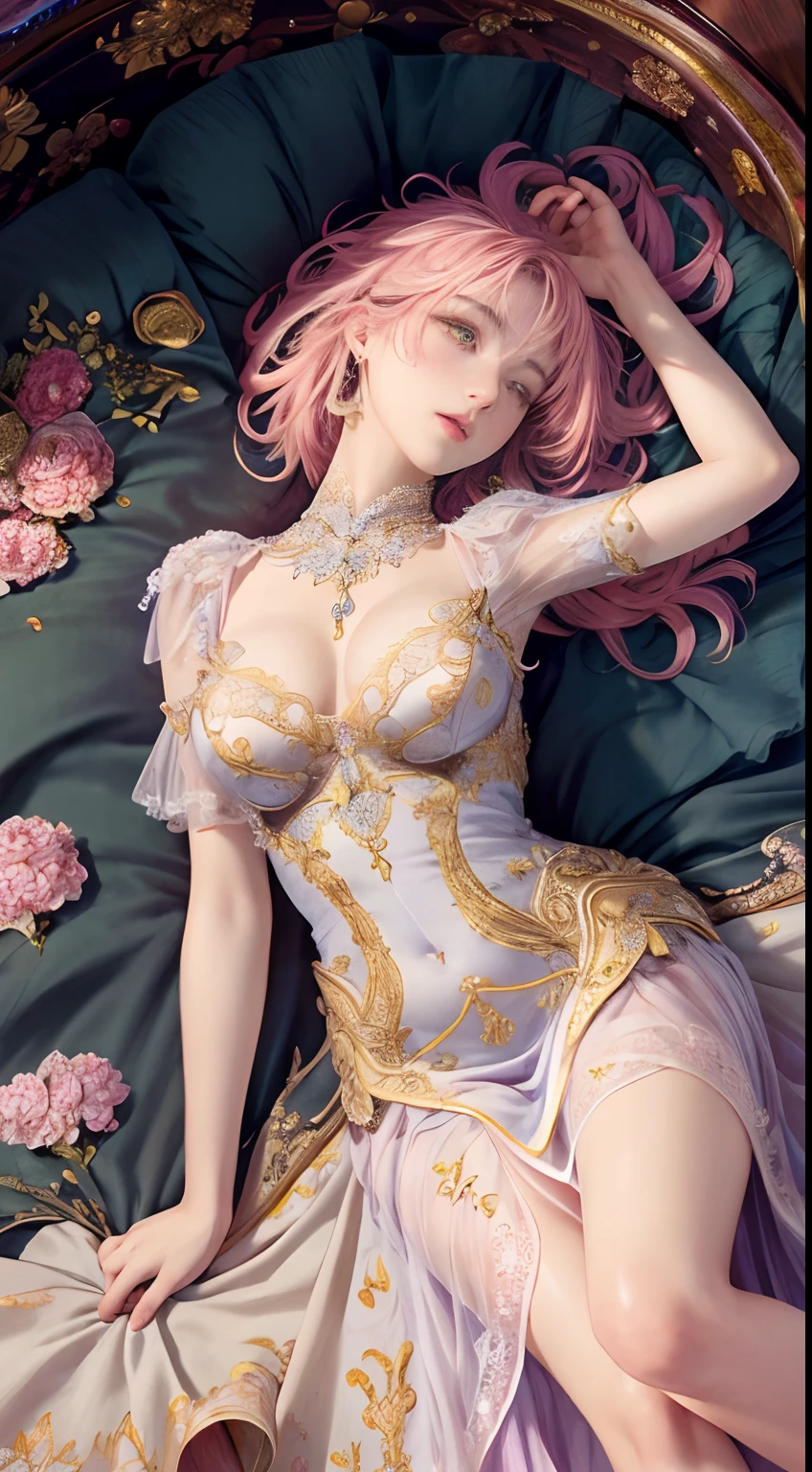 (Masterpiece level,high qulity,real photograph),Complicated details,Fantastical Atmosphere,colorful composition,A pure and beautiful girl,Delicate and detailed face and eyes,Sexy dress,Lie down in bed,spreads her legs apart,Tong,A dress with a sense of design,From above,bedroom background