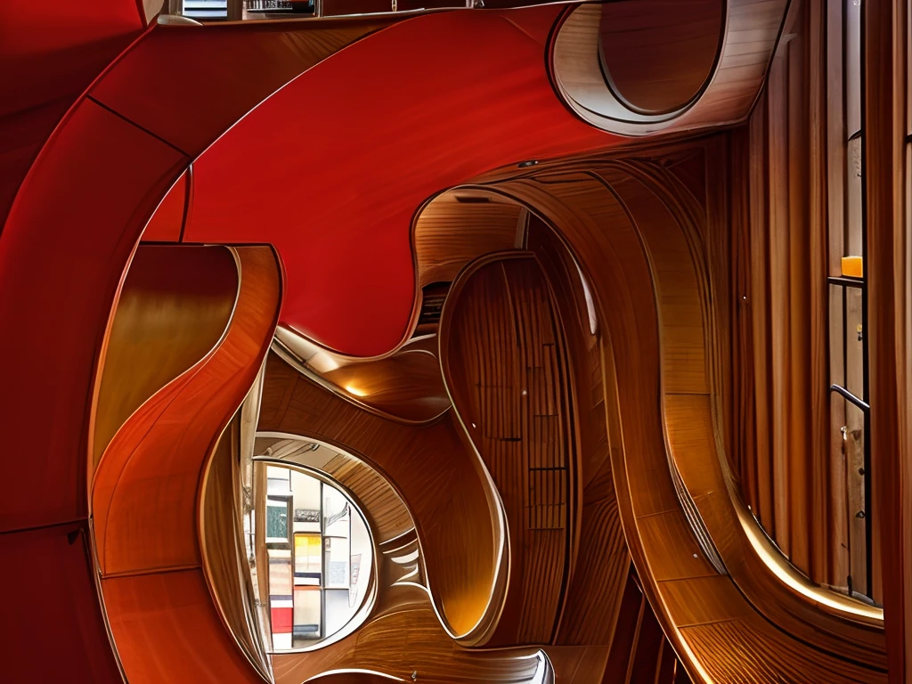 modern art library, red, creative shapes, curved ceiling