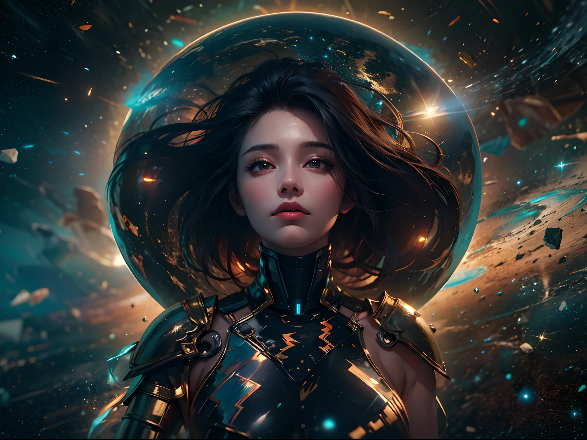 The girl with the pretty face floats in space, wearing a armor, with some long black alien spacecraft docked behind her, There's a huge black hole forming behind it, and the stars behind her swim past ，The girl with the beautiful face stood in the center of the planet, and countless golden meteors converged on her.LightPainting, holographic，Center symmetrical composition，Axisymmetric composition，realistic，skin textures
