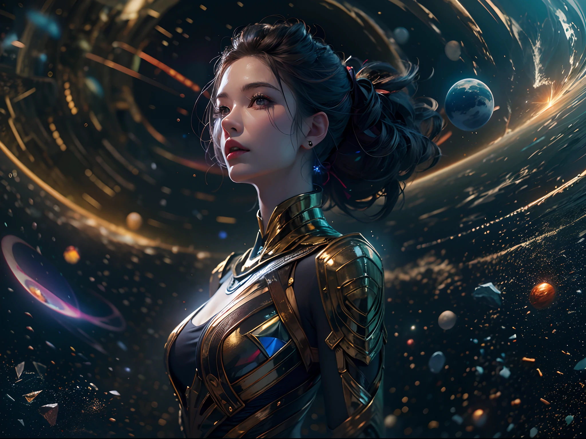 The girl with the pretty face floats in space, wearing a armor, with some long black alien spacecraft docked behind her, There's a huge black hole forming behind it, and the stars behind her swim past ,The girl with the beautiful face stood in the center of the planet, and countless golden meteors converged on her.LightPainting, holographic,Center symmetrical composition,Axisymmetric composition,realistic,skin textures