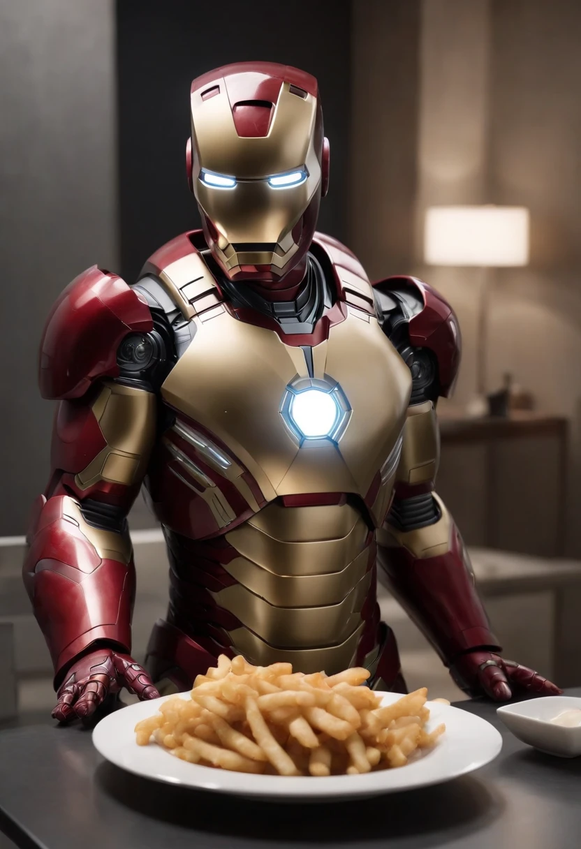 Marvel's somber half-length portrait of Iron Man behind a table with a plate of salchichas en trozos acompañado de papas fritas, with intricate angular cybernetic implants within a futuristic kitchen, cyberpunk, Foto premiada, Neon lights, cybernetic limb, obra maestra, UHD, 32K, ultrarrealista, HQ 4K, Renderizado en Unreal Engine 4K HQ, Renderizado en Unreal Engine 4K HQ, Arte conceptual 4K e hiperrealismo, Renderizado 4K detallado, Ironman, ArtStation 4K, Renderizado 4K de alto detalle, Tendencias 4K en la sede de ArtStation, Extremadamente fotorrealista