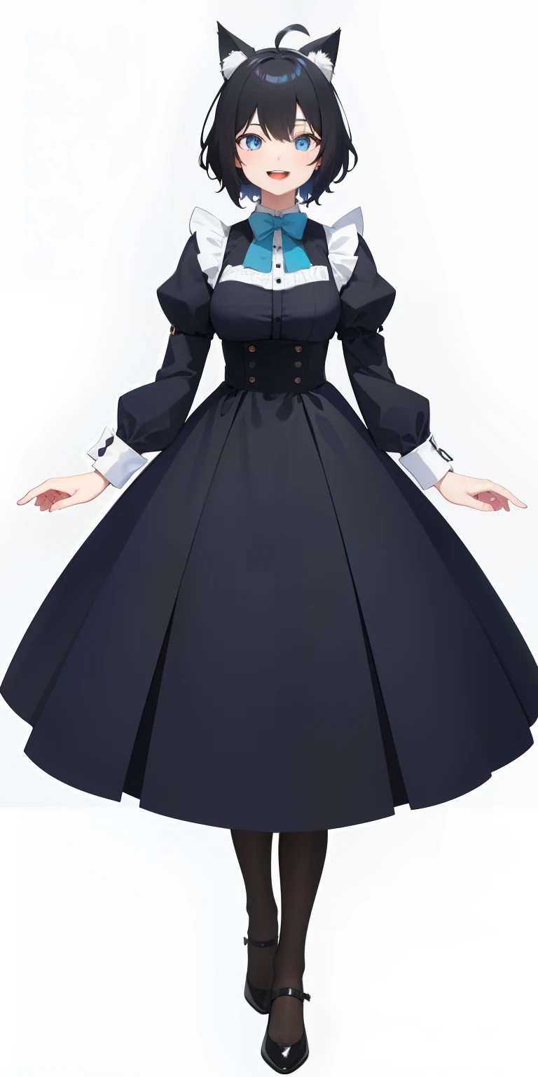 Full body,(( Upright)), ((Arms at sides)), Looking at Viewer, Simple background, 1girl in, Open mouth, Smile, Virtual Youtuber、girl with、、((Best Quality, high_resolution, Distinct_image)),(Black hair), (Black cat ears), (Ahoge), (absurdly short hair), (Wavy Hair), (Blue eyes),、A smile、large full breasts、Dressed in maid clothes