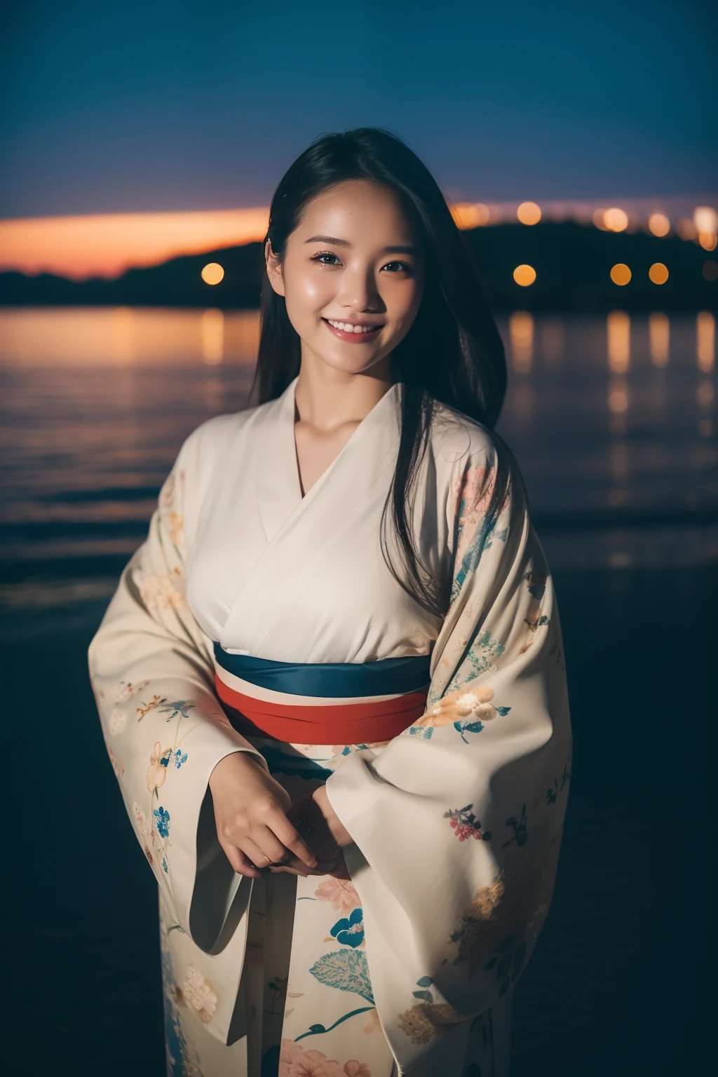 A 23-year-old girl、Kimono、Beautiful pattern、A slight smil、Sea、sparklers、Beautuful Women、((top-quality、8K、masterpiece:1.3))、foco nítido:1.2、An ultra-high picture quality、top-quality、masterpiece、natural soft light、the setting sun